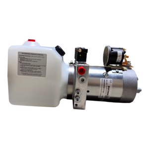 Bucher Hydraulics, Inc. Bucher Pump 2 Way (Power Up / Power Down) with 1.5 gal. poly reservoir, motor, and metal mounting brackets, shown isolated on a white background.