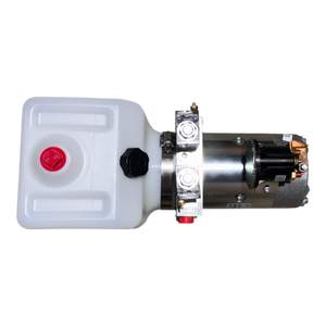 Bucher Hydraulics, Inc. Bucher Pump 2 Way (Power Up / Power Down) hydraulic unit with 1.5 gal. poly reservoir and metal motor components, shown from above.