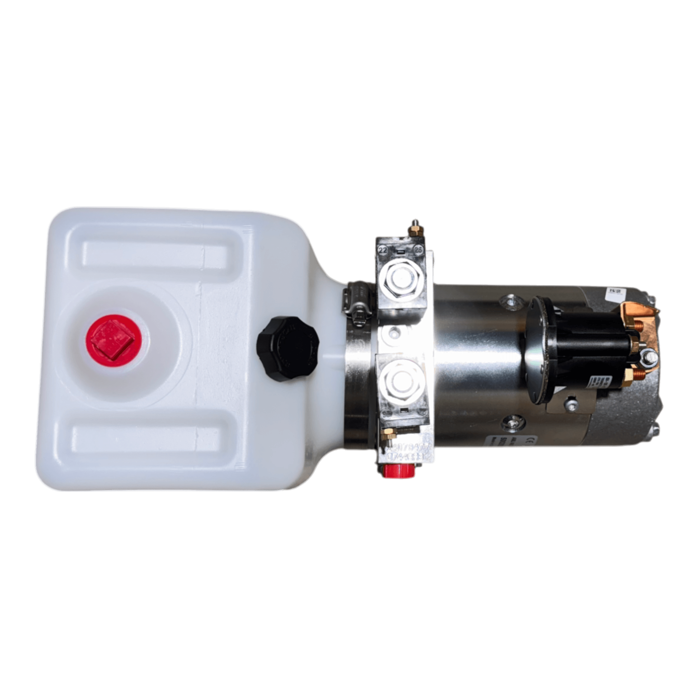 Bucher Hydraulics, Inc. Bucher Pump 2 Way (Power Up / Power Down) hydraulic unit with 1.5 gal. poly reservoir and metal motor components, shown from above.