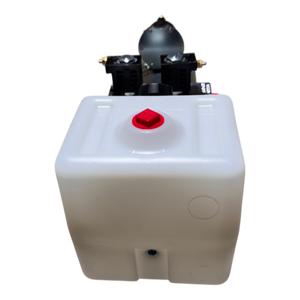 The Bucher Hydraulics, Inc. Pump 2 Way (Power Up / Power Down) features a 1.5-gal white poly reservoir with a red cap and black mechanical components on top.