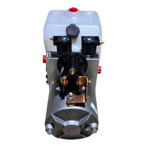 Front view of the Bucher Hydraulics, Inc. Bucher Pump 2 Way (Power Up / Power Down) with a 1.5 gal poly reservoir featuring a metal mechanism, white plastic tank, and multiple knobs and connectors.