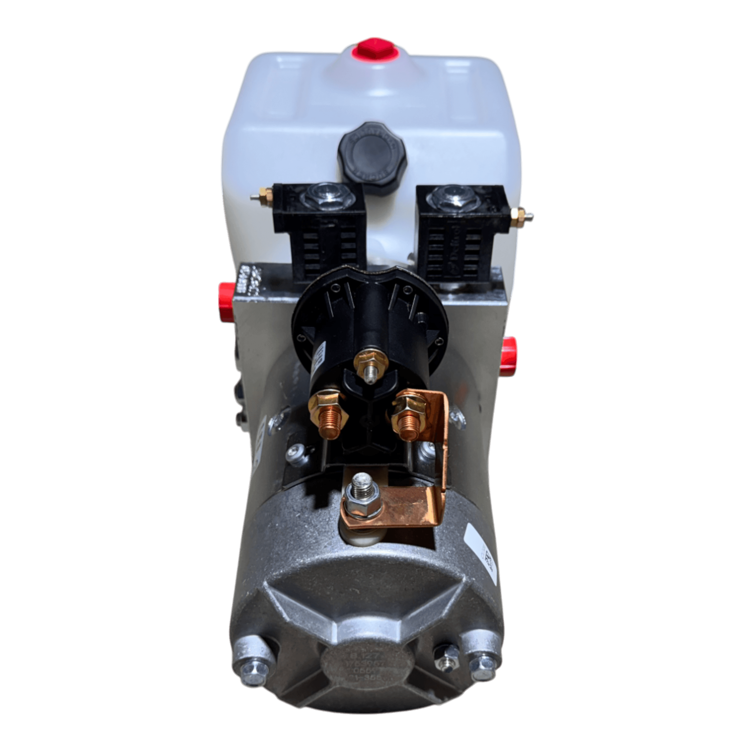 Front view of the Bucher Hydraulics, Inc. Bucher Pump 2 Way (Power Up / Power Down) with a 1.5 gal poly reservoir featuring a metal mechanism, white plastic tank, and multiple knobs and connectors.