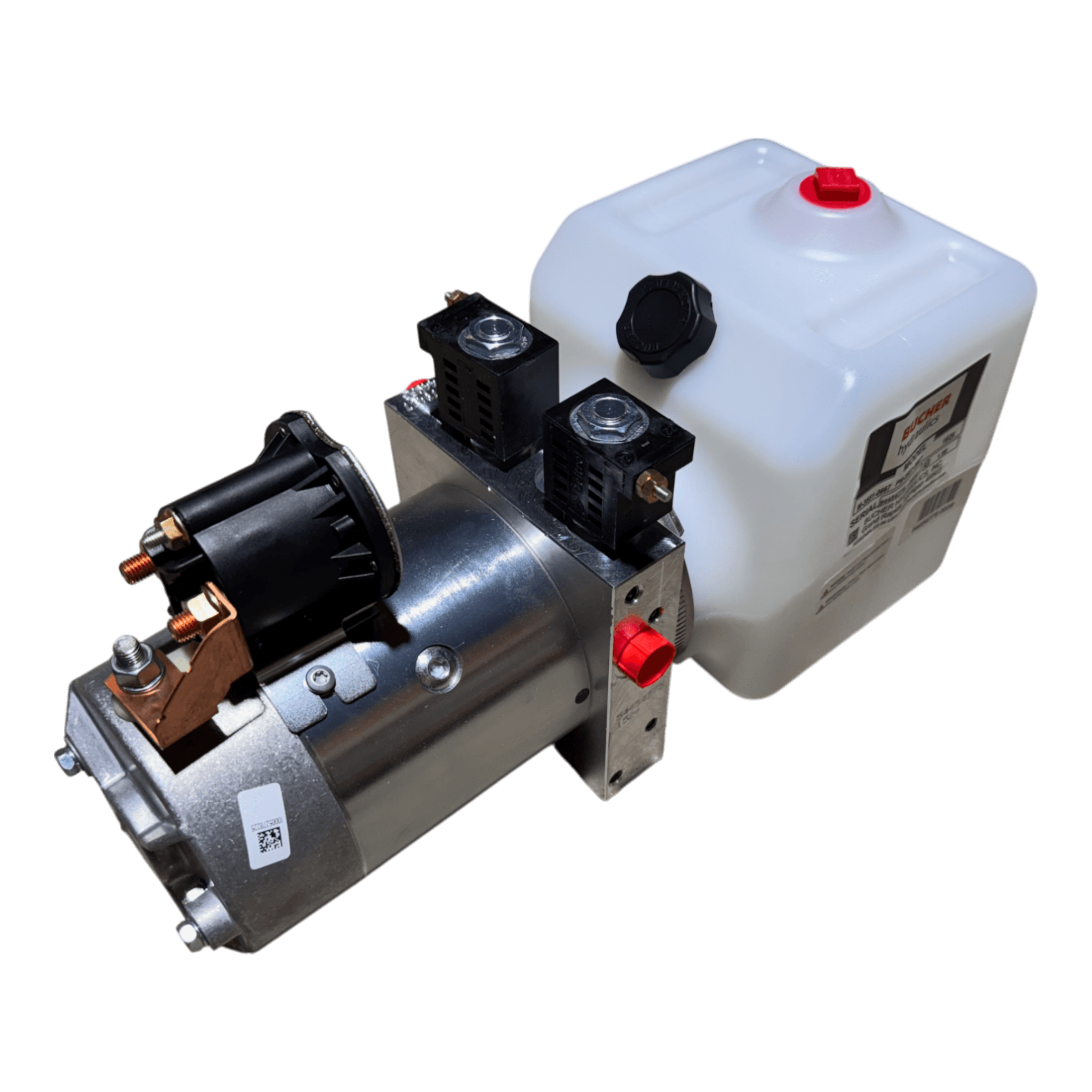 The Bucher Hydraulics, Inc. Bucher Pump 2 Way features a 1.5-gal poly reservoir and electrical connectors for power up/power down hydraulic operations in a compact unit.