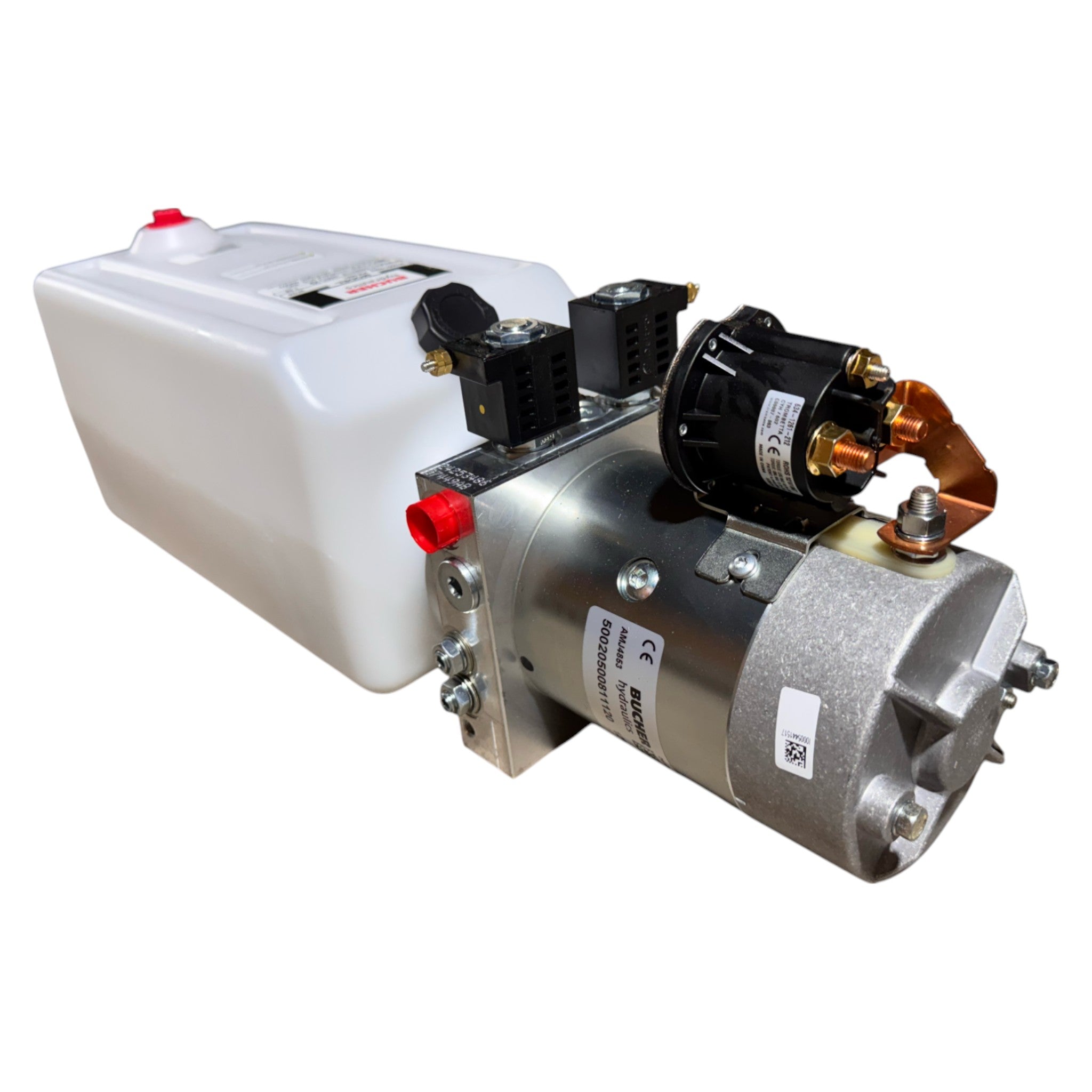 The Bucher Hydraulics, Inc. Pump 2 Way (Power Up/Down) features a 2.5-gal. poly reservoir and includes a hydraulic pump, motor, and control valves for double-acting hydraulic power.