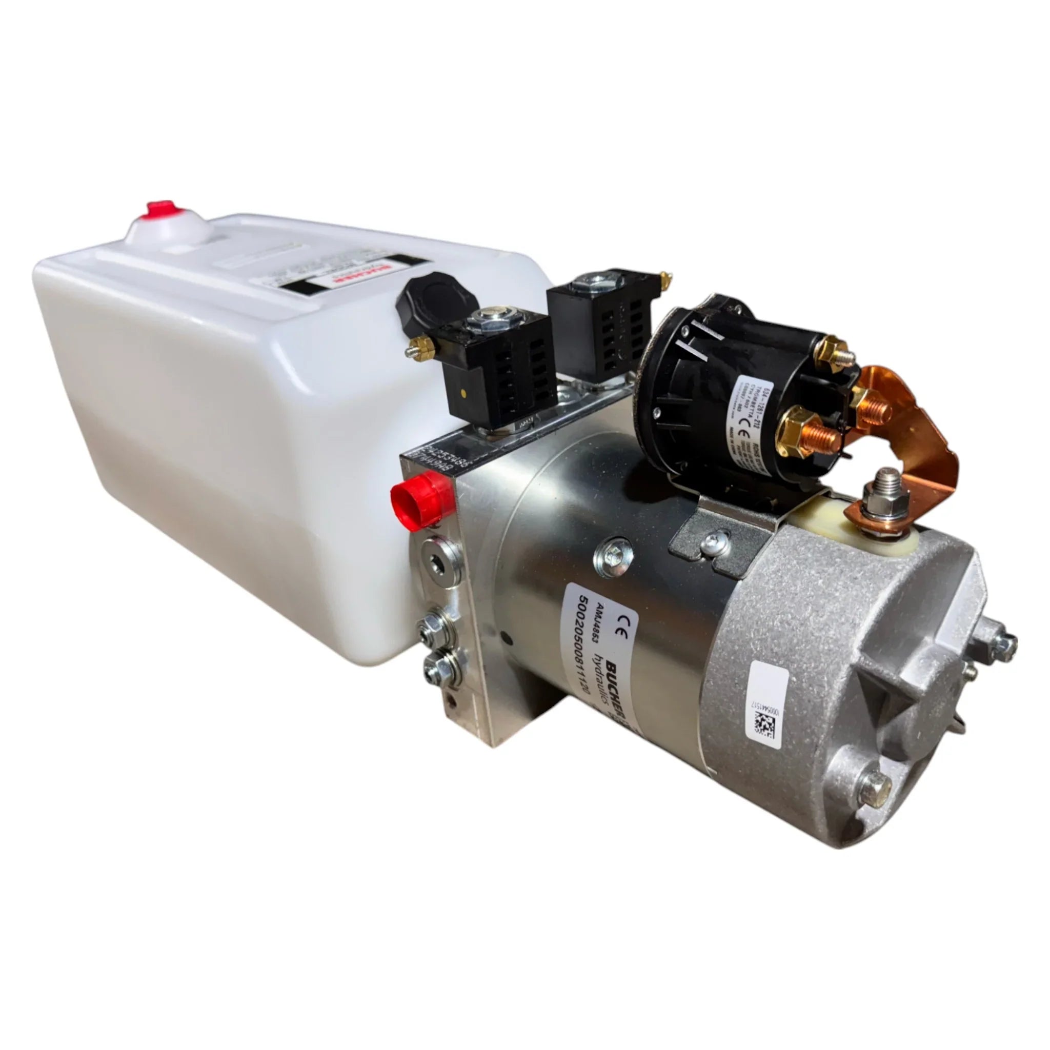 The Bucher Hydraulics, Inc. Pump 2 Way (Power Up/Down) features a 2.5-gal. poly reservoir and includes a hydraulic pump, motor, and control valves for double-acting hydraulic power.