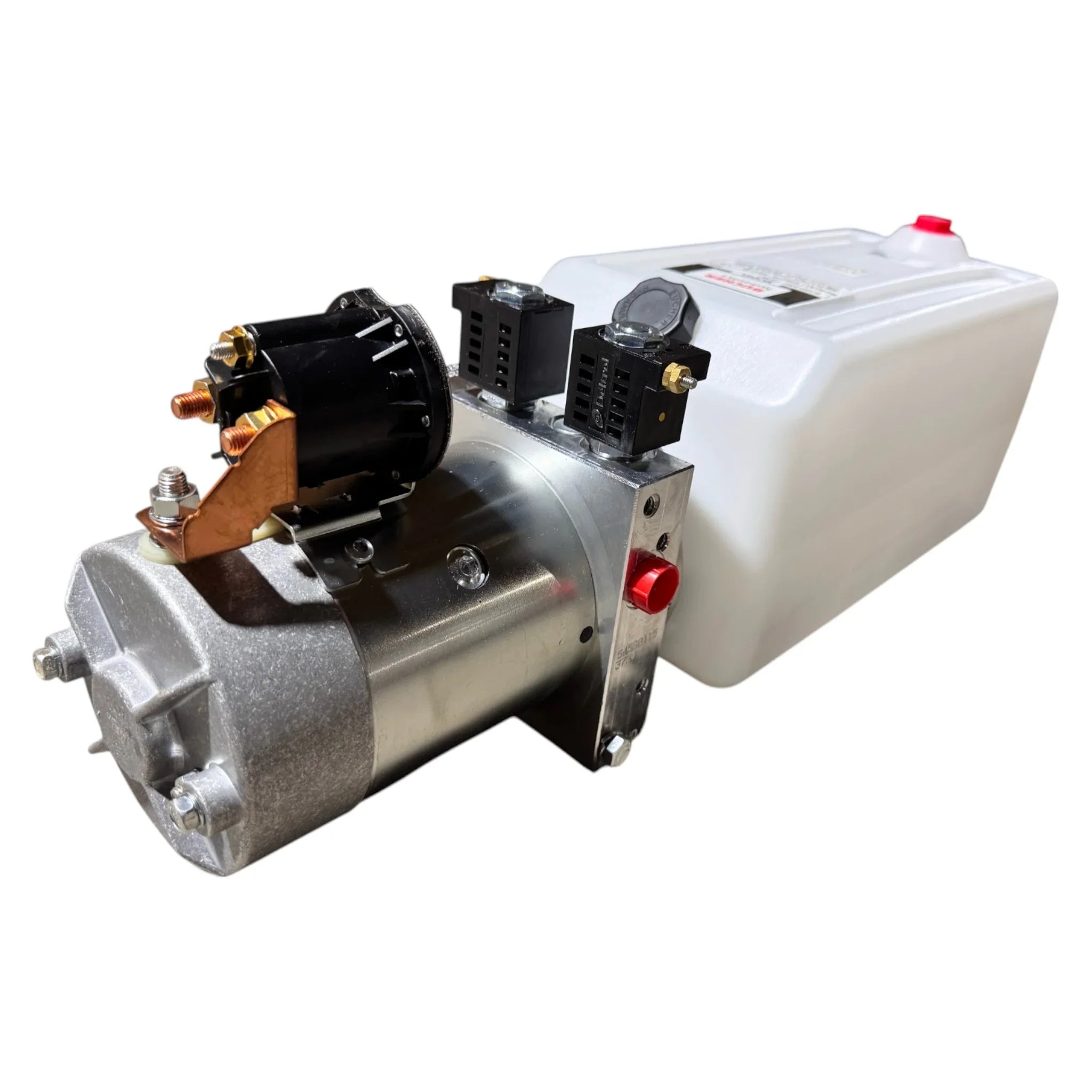 Bucher Hydraulics, Inc. Bucher Pump 2 Way (Power Up / Power Down) with 2.5 gal. poly reservoir and electrical connectors.