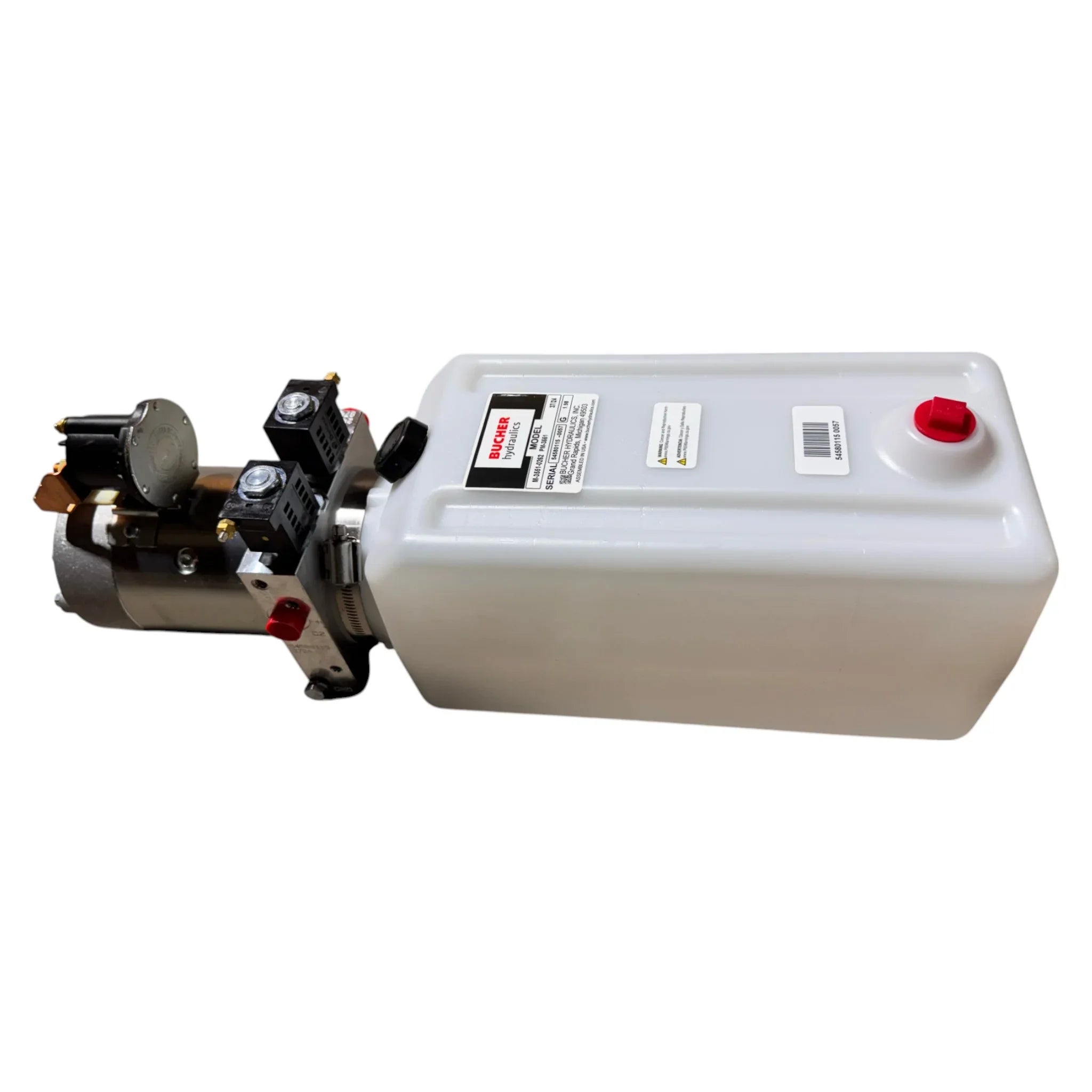 Bucher Hydraulics, Inc. 2-Way (Power Up/Down) hydraulic unit with 2.5 gal. poly reservoir features a reliable Bucher pump and safety labels, ideal for efficient oil storage and control.