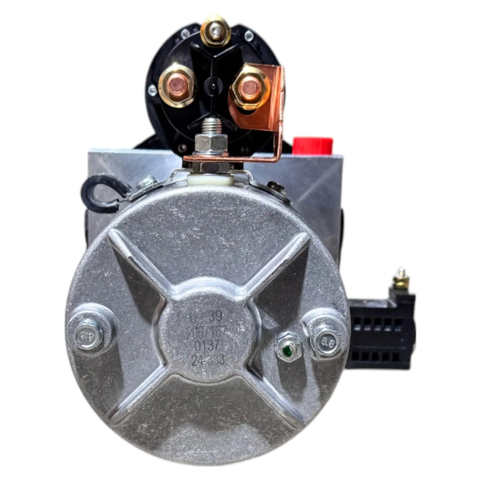 Close-up of the Bucher Dual Action (Power Up / Power Down) Hydraulic Pump by Bucher Hydraulics, Inc., showing metallic components, bolts, and wiring on a white background.
