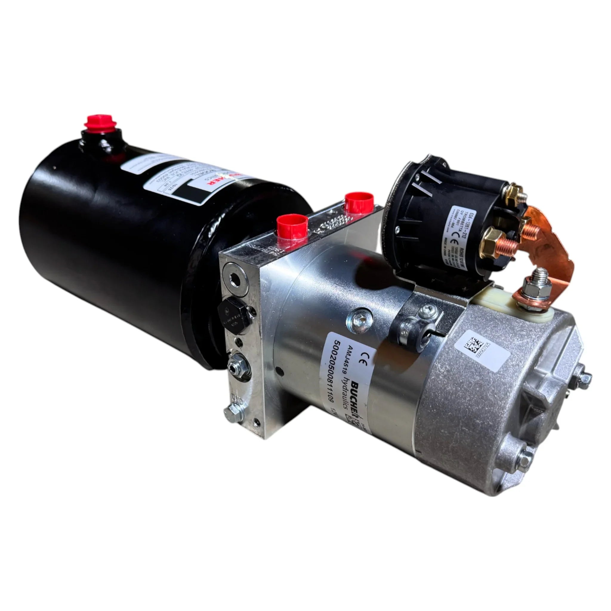 The Bucher Dual Action (Power Up / Power Down) Hydraulic Pump by Bucher Hydraulics, Inc. features a black motor, silver housing, and relay switch—ideal for agricultural hydraulic power units or bale spears using dual action pumps.