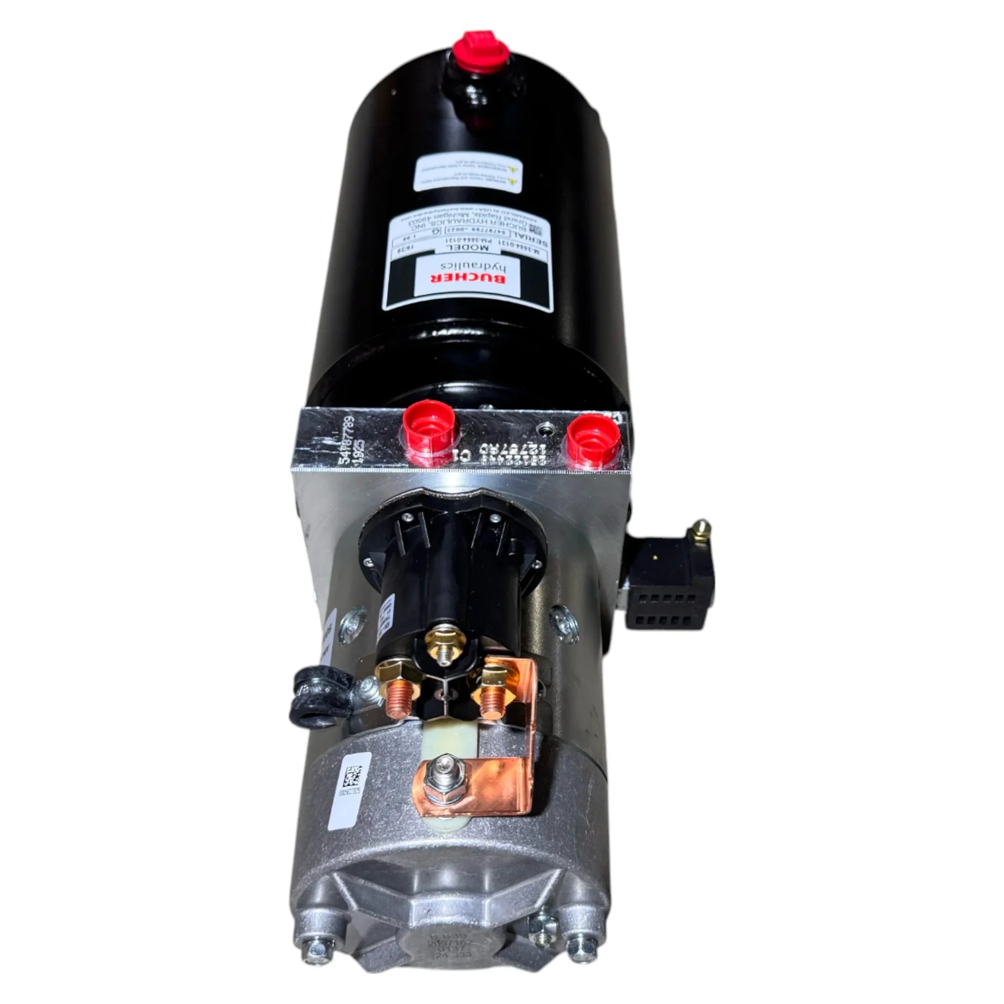 The Bucher Dual Action (Power Up / Power Down) Hydraulic Pump by Bucher Hydraulics, Inc. features black and silver housing with red and black terminals, caution and brand stickers; ideal for powering hydraulic bale spears.