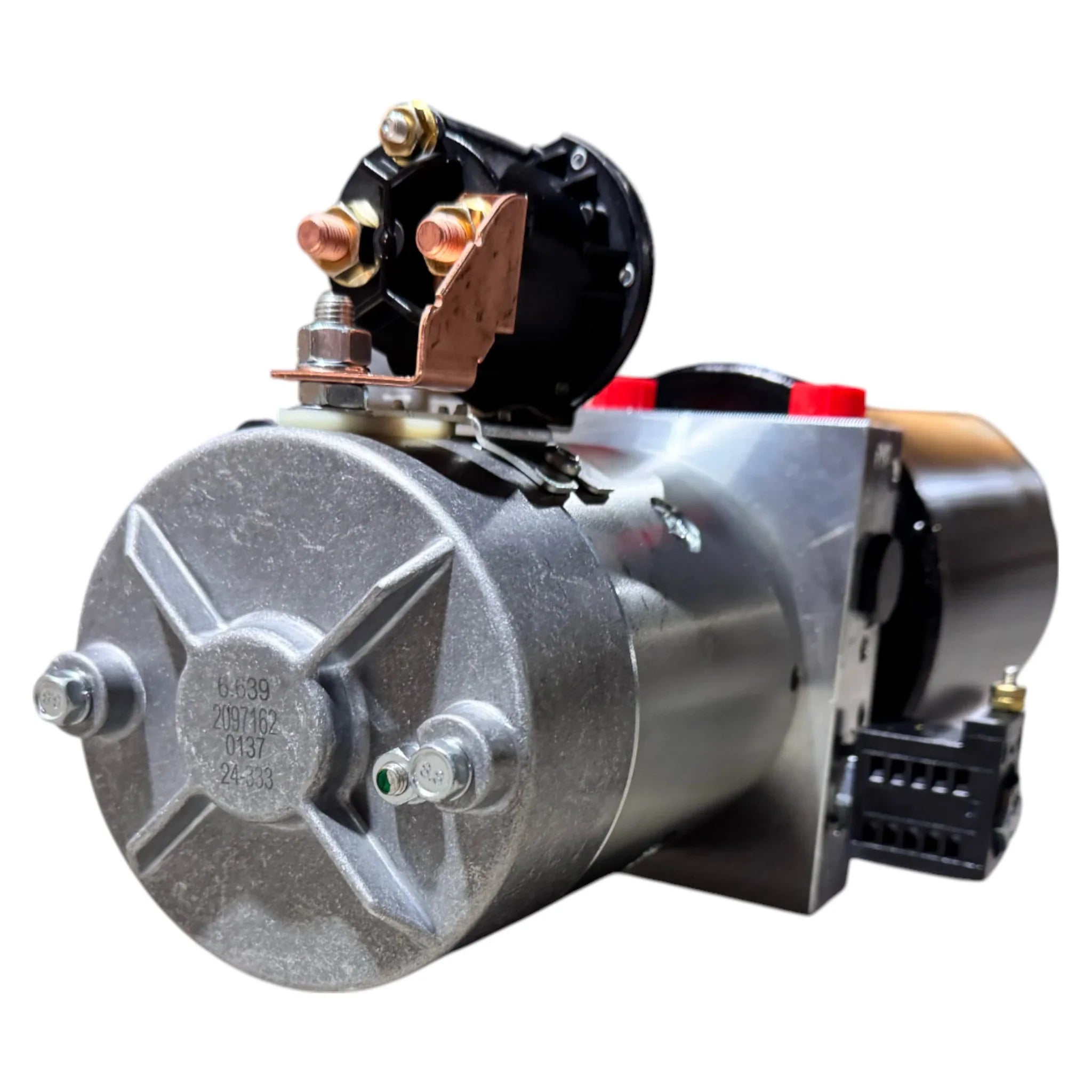 A close-up view of a Bucher Dual Action (Power Up / Power Down) Hydraulic Pump by Bucher Hydraulics, Inc., featuring attached electrical terminals, commonly used in agricultural hydraulic power units.