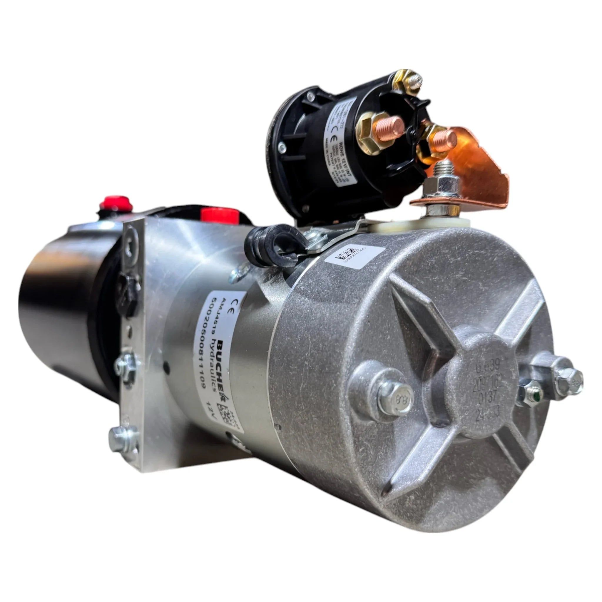 Close-up of a Bucher Dual Action (Power Up / Power Down) Hydraulic Pump by Bucher Hydraulics, Inc., featuring an industrial electric motor and solenoid, commonly used in agricultural hydraulic power unit systems.