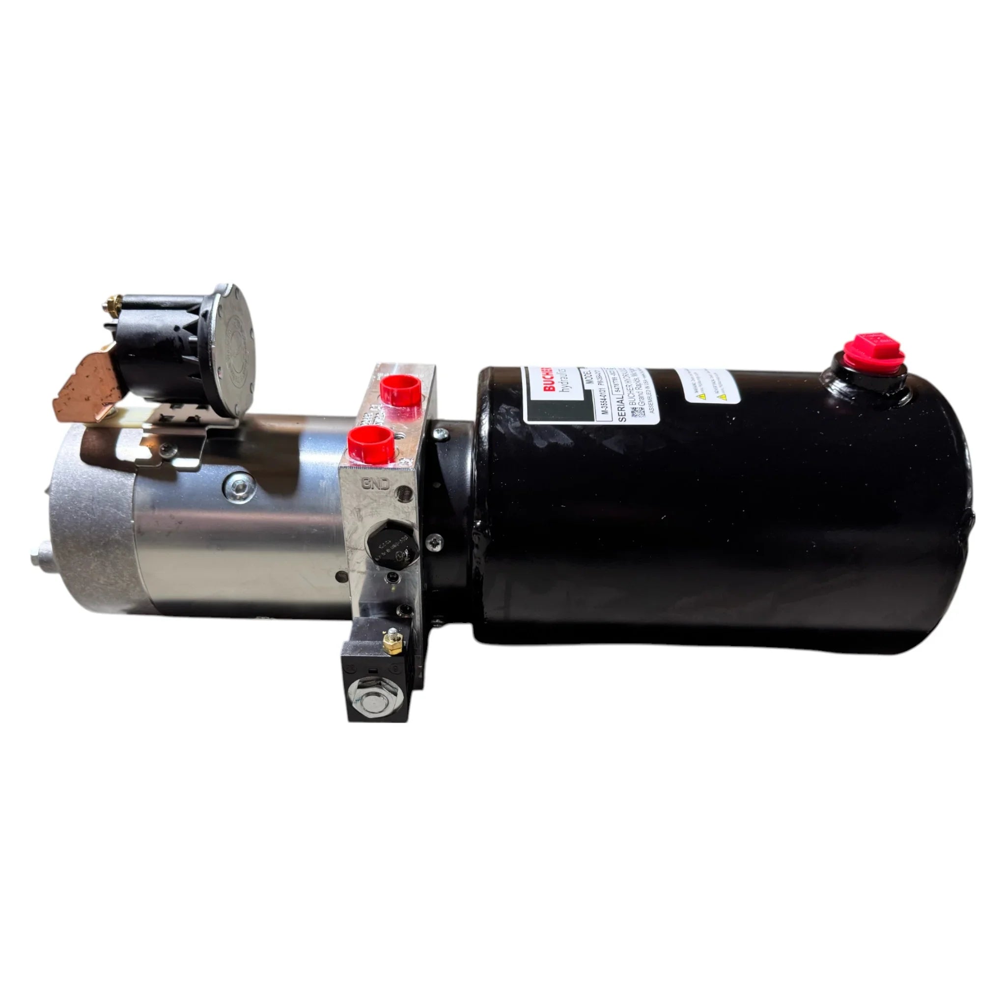 The Bucher Dual Action (Power Up / Power Down) Hydraulic Pump by Bucher Hydraulics, Inc. features a black motor, silver pump, and red/silver valves—ideal for powering agricultural hydraulic bale spears.