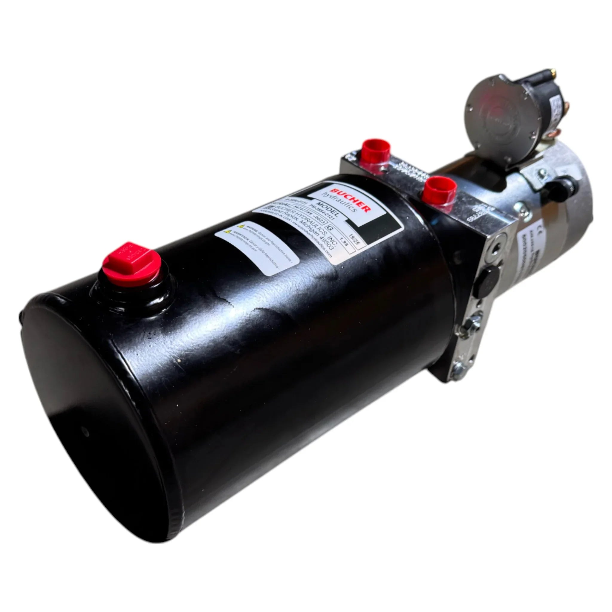 The Bucher Hydraulics, Inc. Dual Action (Power Up / Power Down) Hydraulic Pump features a black housing with labels, red caps, and an attached motor; perfect for use with dual action hydraulic systems or bale spears.