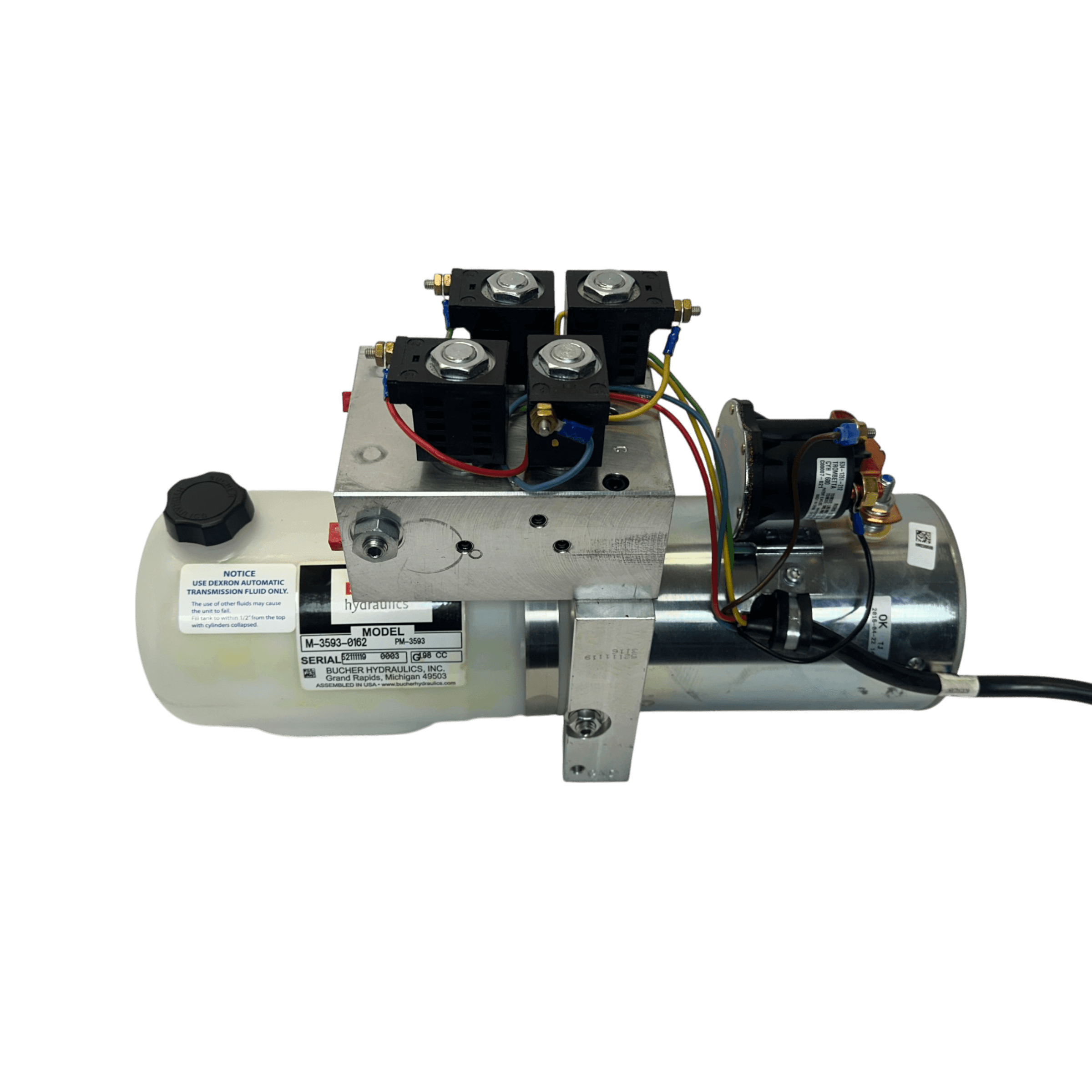The Bucher Pump 4 Way, a 1 Quart Snow Plow Pump from Bucher Hydraulics, Inc., is displayed on a black background. It features attached valves and wiring and is designed for extreme temperatures, making it ideal for systems like snow plows.