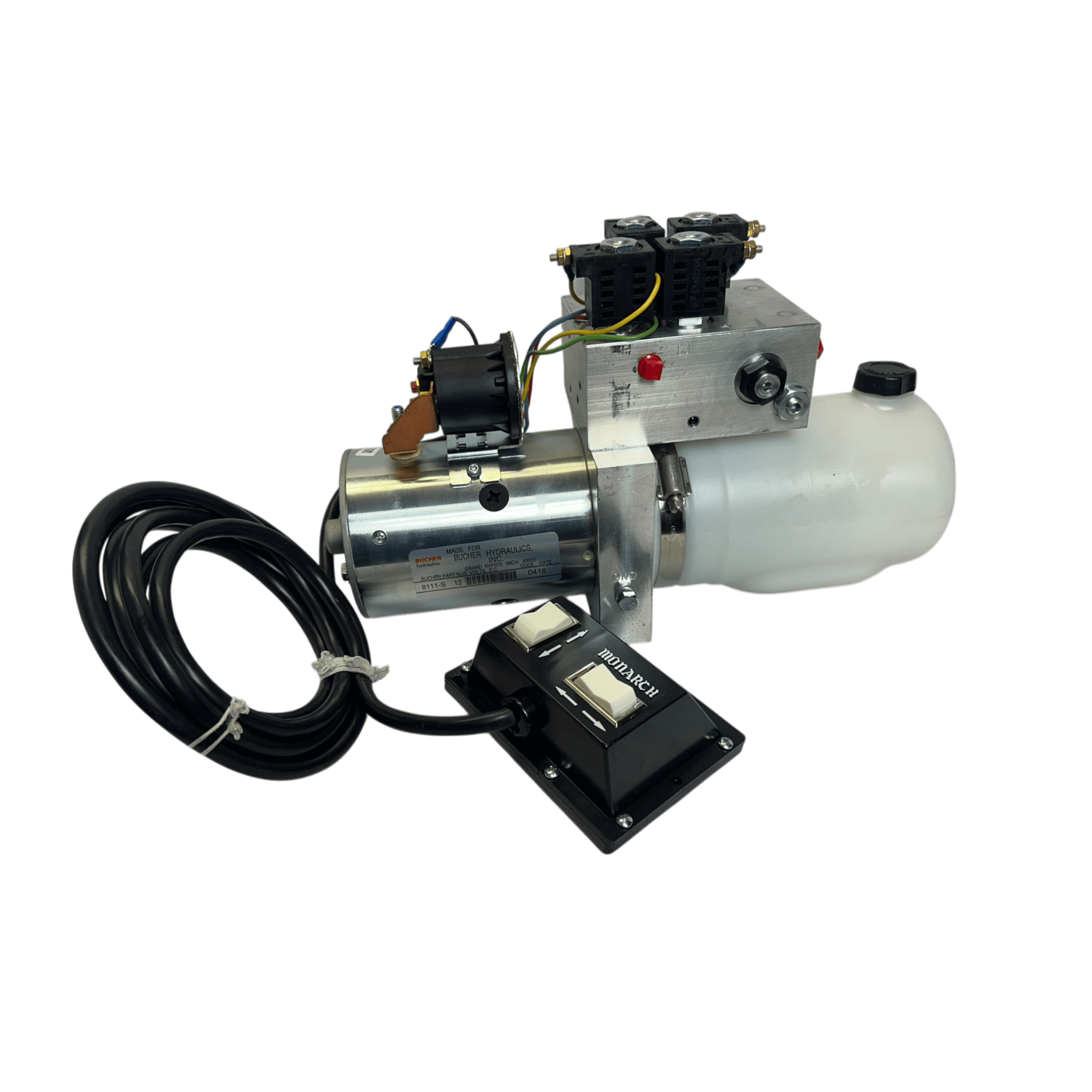 The Bucher Pump 4 Way by Bucher Hydraulics, Inc. boasts a durable hydraulic design with metal parts, motor, reservoir, cables, and control panel on black. Built to handle extreme temperatures, its perfect for powering snow plows reliably and efficiently.
