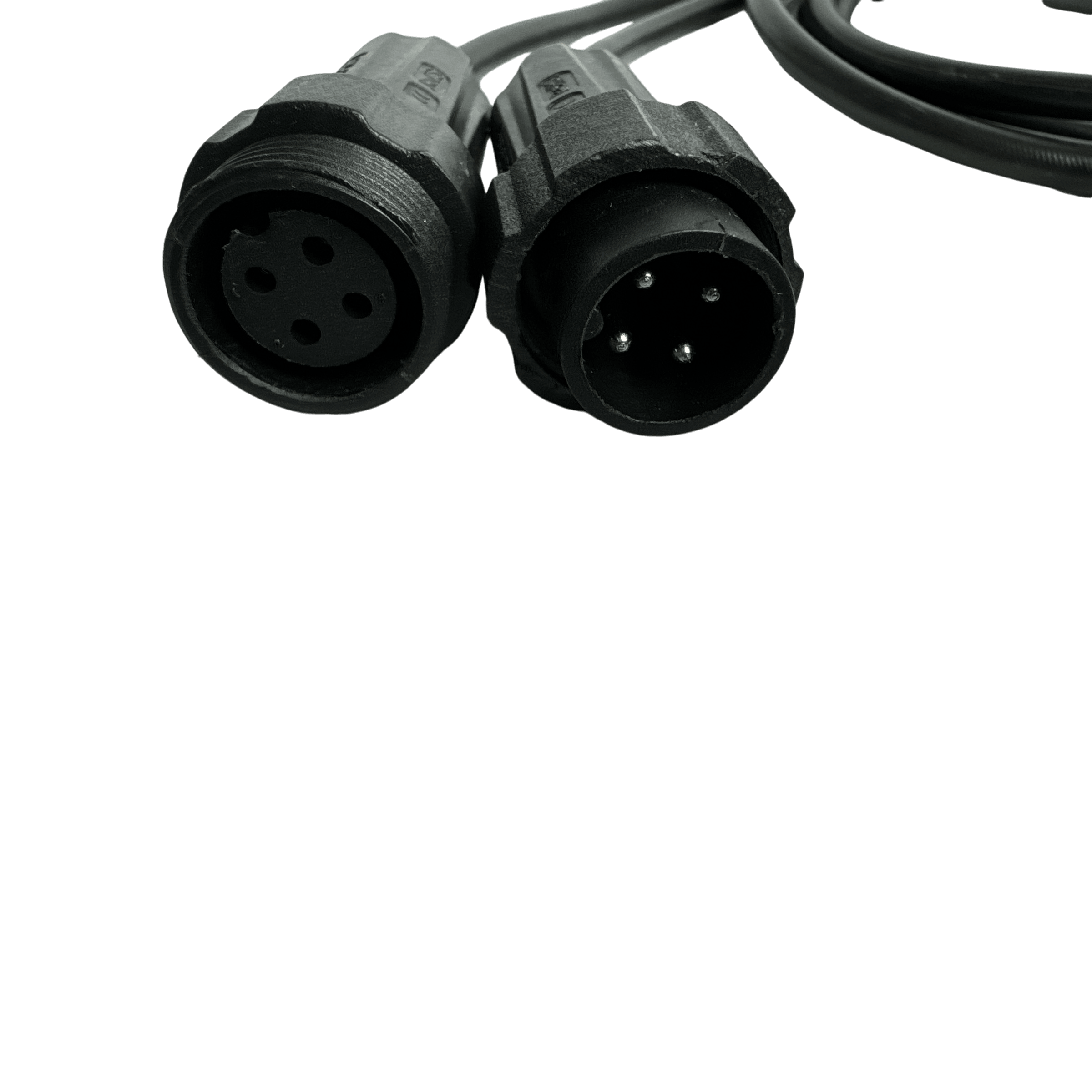 Close-up of two black circular audio connectors with multiple pins, resembling the complex components found in the PIERCE 2 Function Wireless Control System for Dump Trailer, set against a dark background.