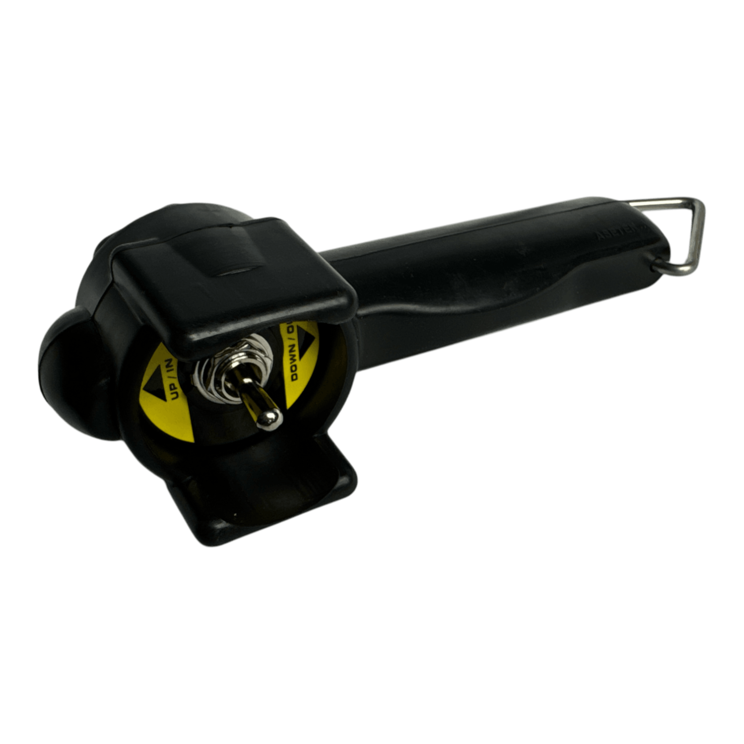 Close-up of a PIERCE Universal Toggle Switch Remote in black plastic, featuring a convenient metal hook, set against a vibrant yellow background.