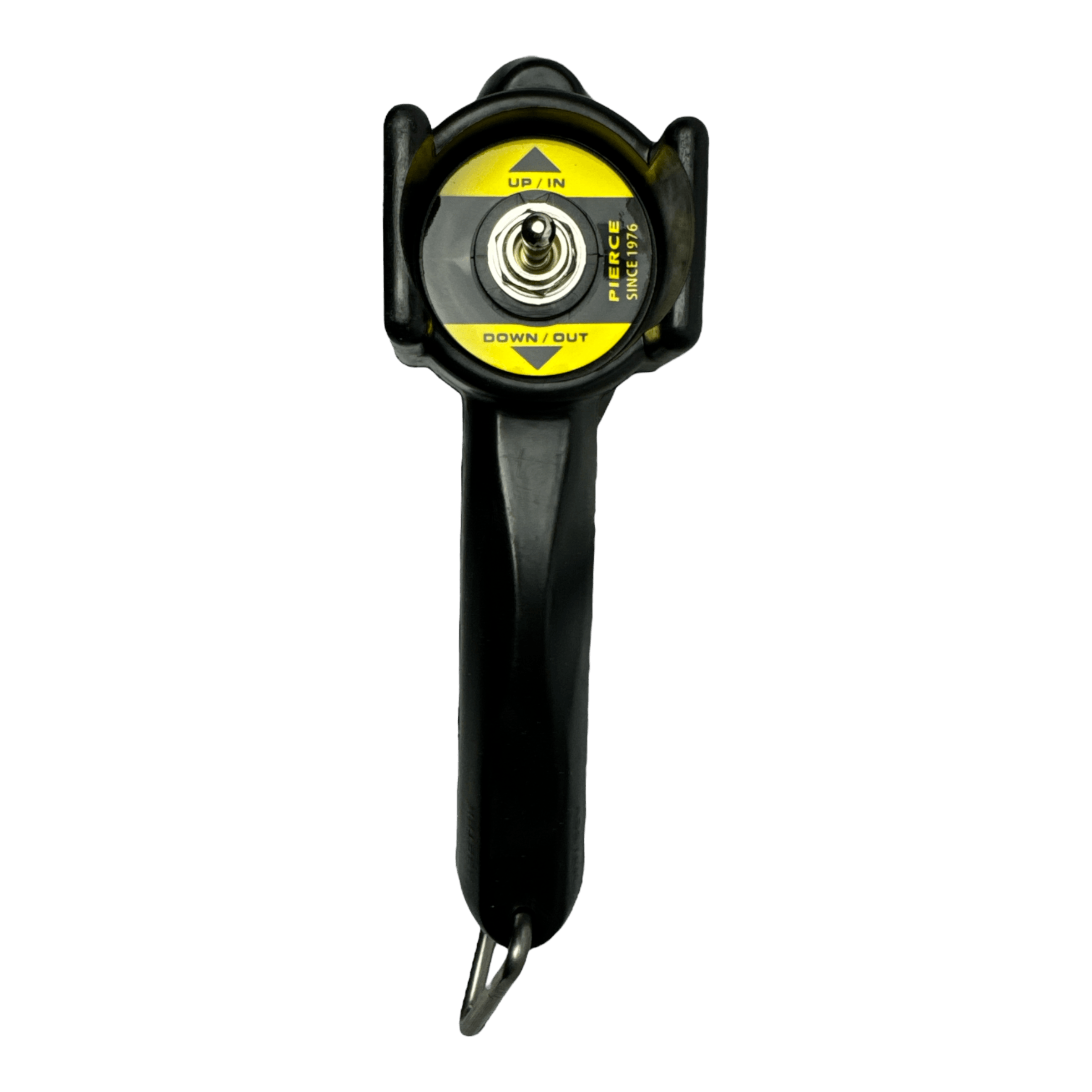 Black wrench tool with a yellow and black adjustment dial for tightening or loosening, ideal for use with the PIERCE Universal Toggle Switch Remote - No Cord.