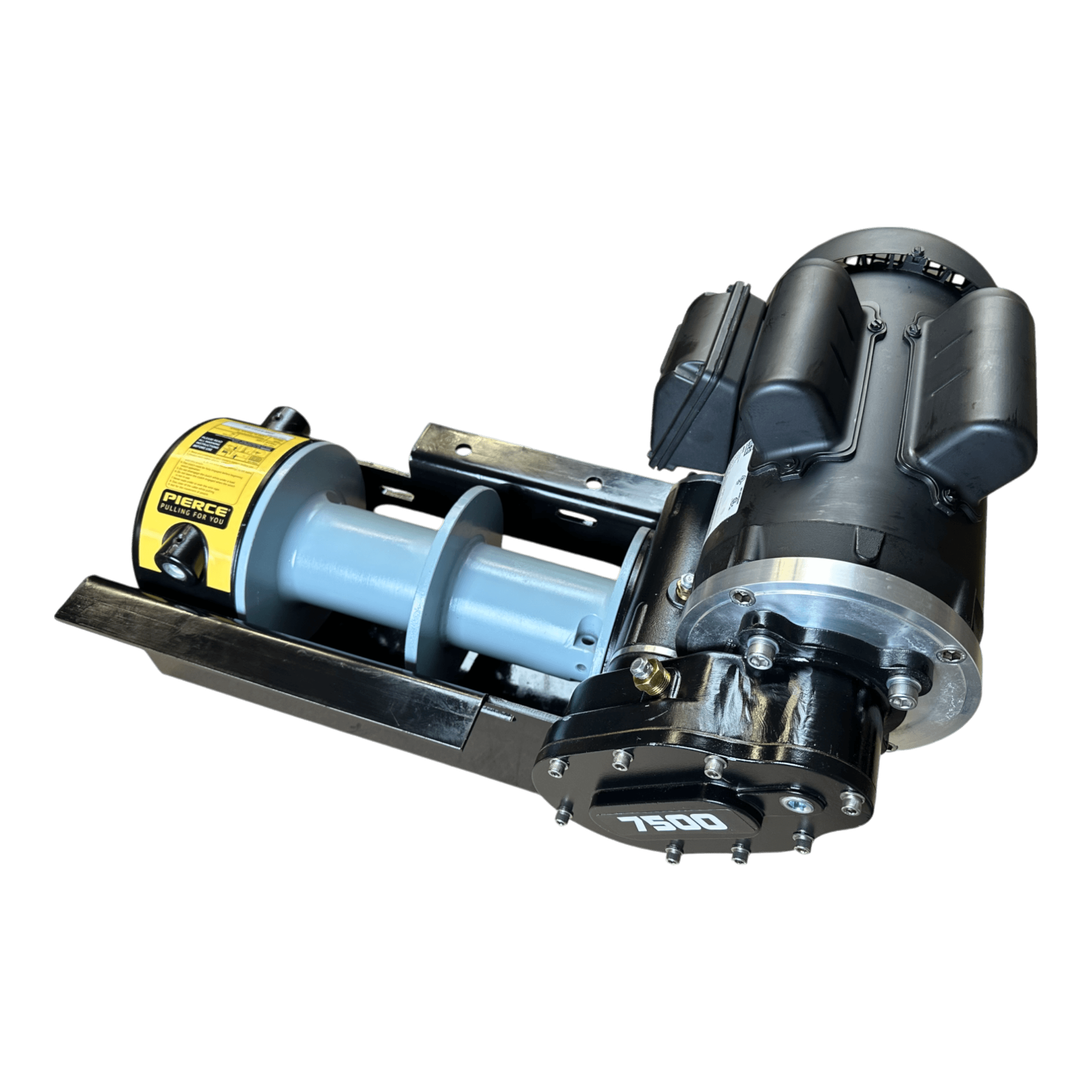 PIERCE 110V Electric Winch – 7,500 lb, 11" Split Drum by PIERCE features a black motor, silver drum, yellow label, and mounting bracket on a white background.