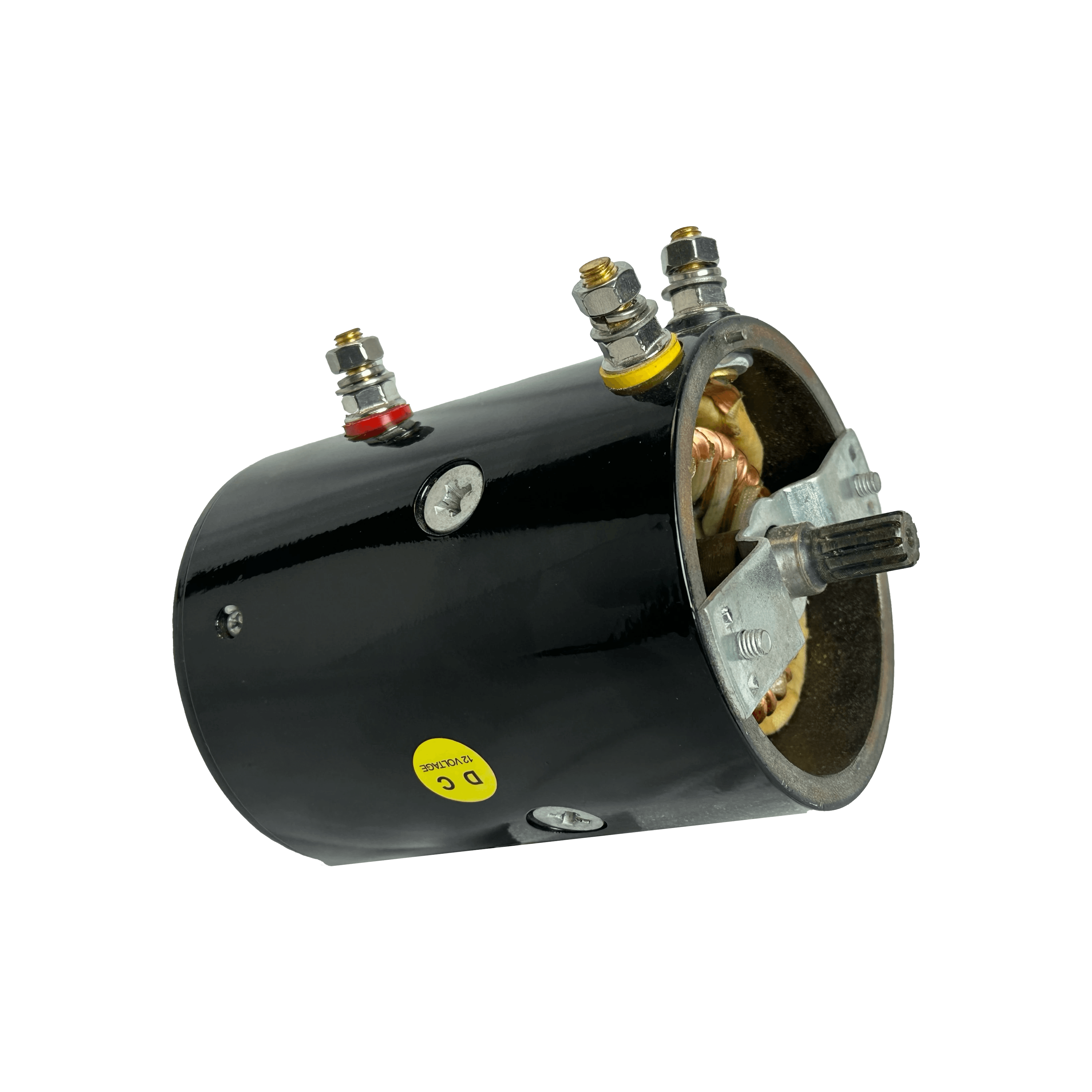 A black cylindrical 9,000/12,000 lb Electric Planetary Winch Motor | Style 2 featuring connectors and internal wiring is showcased on a black background. This PIERCE component is perfect as a replacement motor for recovery winches.