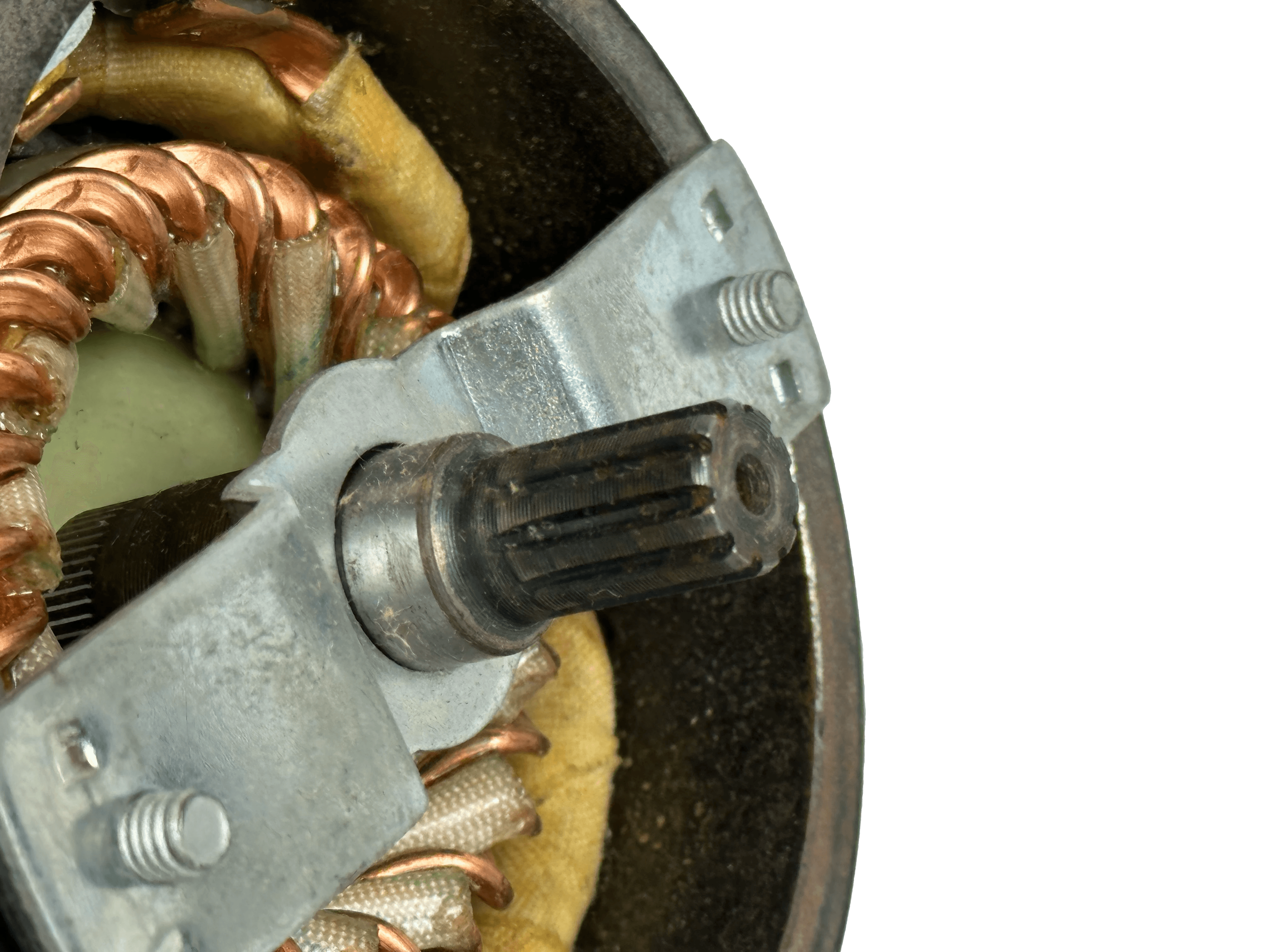 Close-up of a PIERCE 9,000/12,000 lb Electric Planetary Winch Motor gear mechanism with copper coils on a black background, resembling the intricate design of their recovery winches.