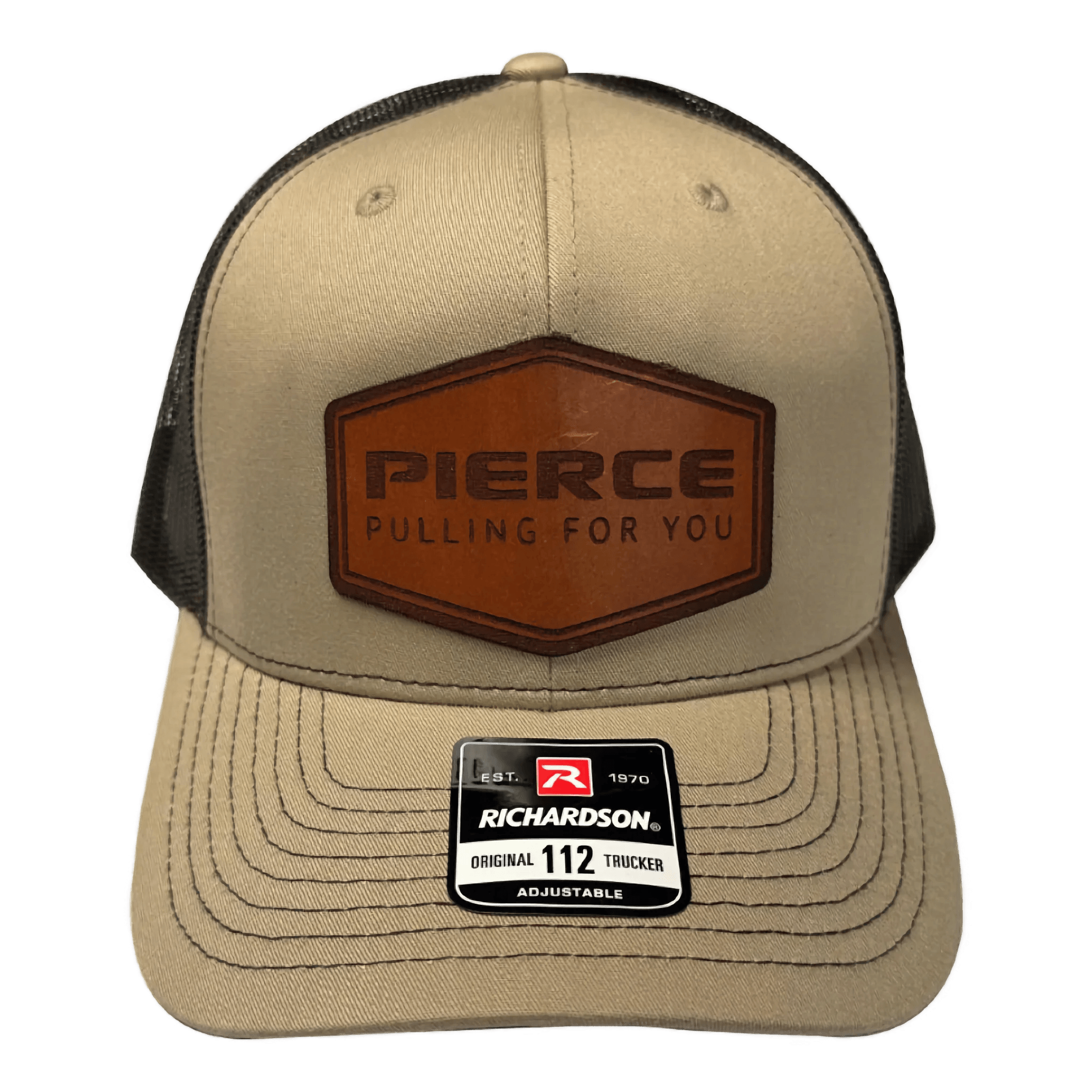 Tan PIERCE hat with a leather patch displaying "Pierce Pulling for You," featuring a Richardson 112 adjustable label, perfect for enhancing your hat collection.