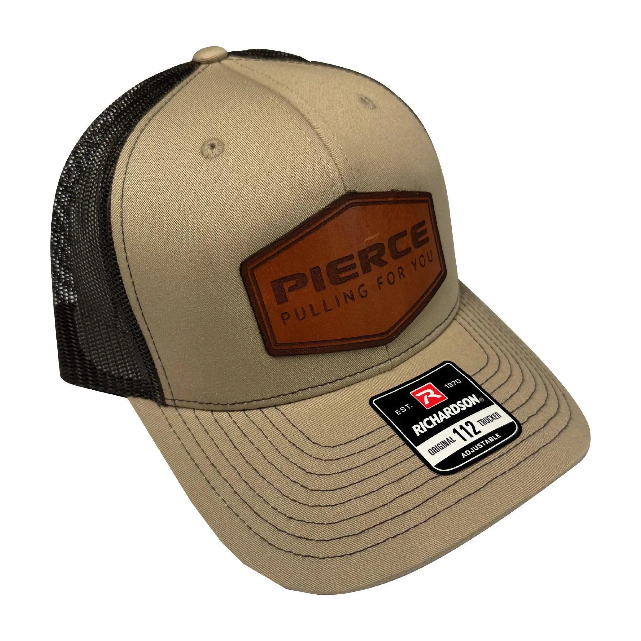 Tan and black mesh adjustable ball cap from PIERCE, featuring a leather patch and a Richardson 112 label on the brim, perfect for enhancing any hat collection.