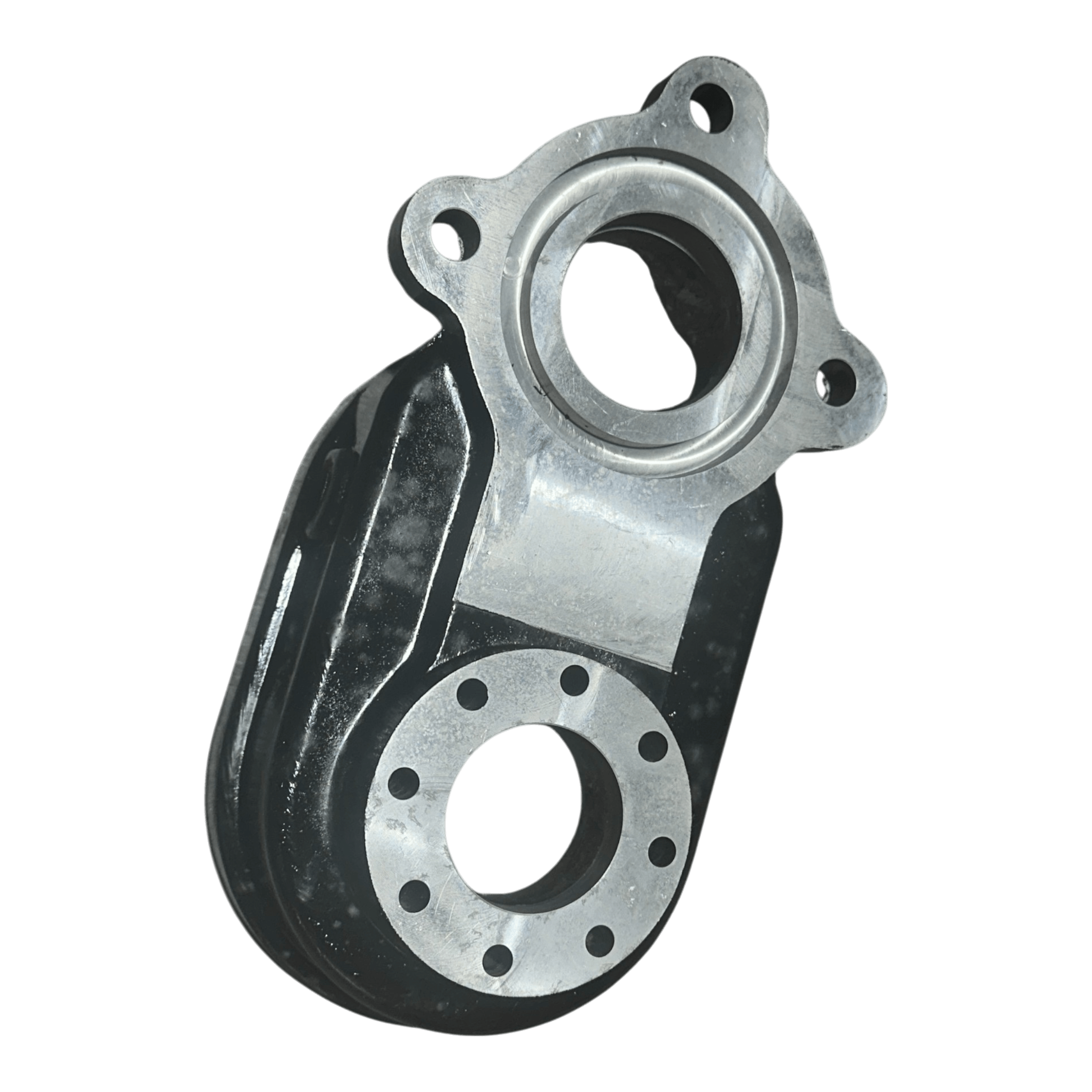 The PIERCE Transfer Housing 654 Series (12,500 lbs) is a high-performance metallic component with two circular openings and bolt holes on a black background.