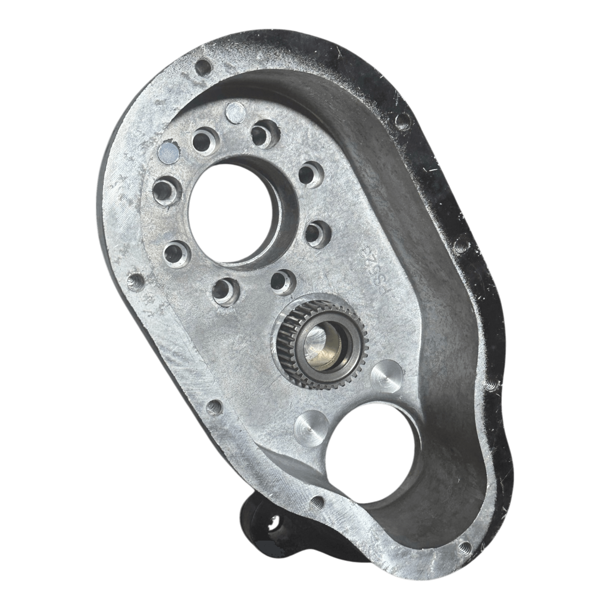 Precision-engineered PIERCE Transfer Housing from the 654 Series, supporting up to 12,500 lbs, showcases multiple circular openings and a central gear on a black background.