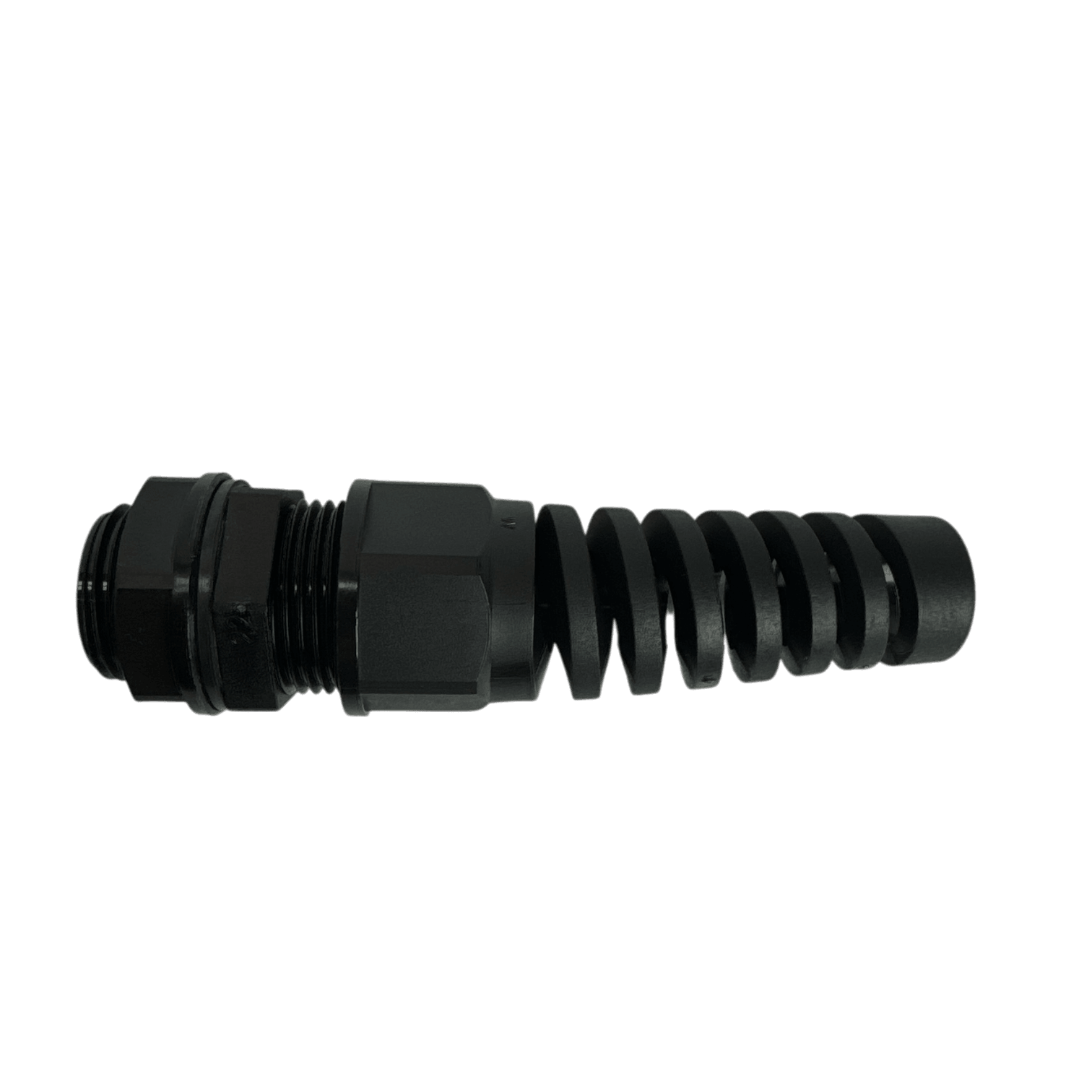 A PIERCE Universal Momentary Pendant Control - 2 Button, featuring a black coiled cable gland for industrial wire protection, set against a plain black background.