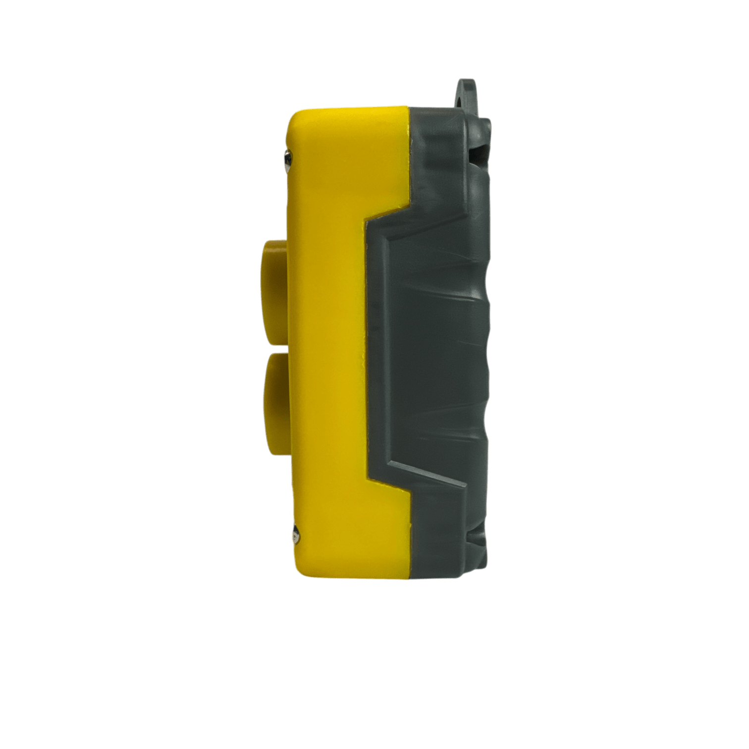 A side view of the PIERCE Universal Momentary Pendant Control - 2 Button in yellow and gray, resembling an industrial electronic device, against a black background.