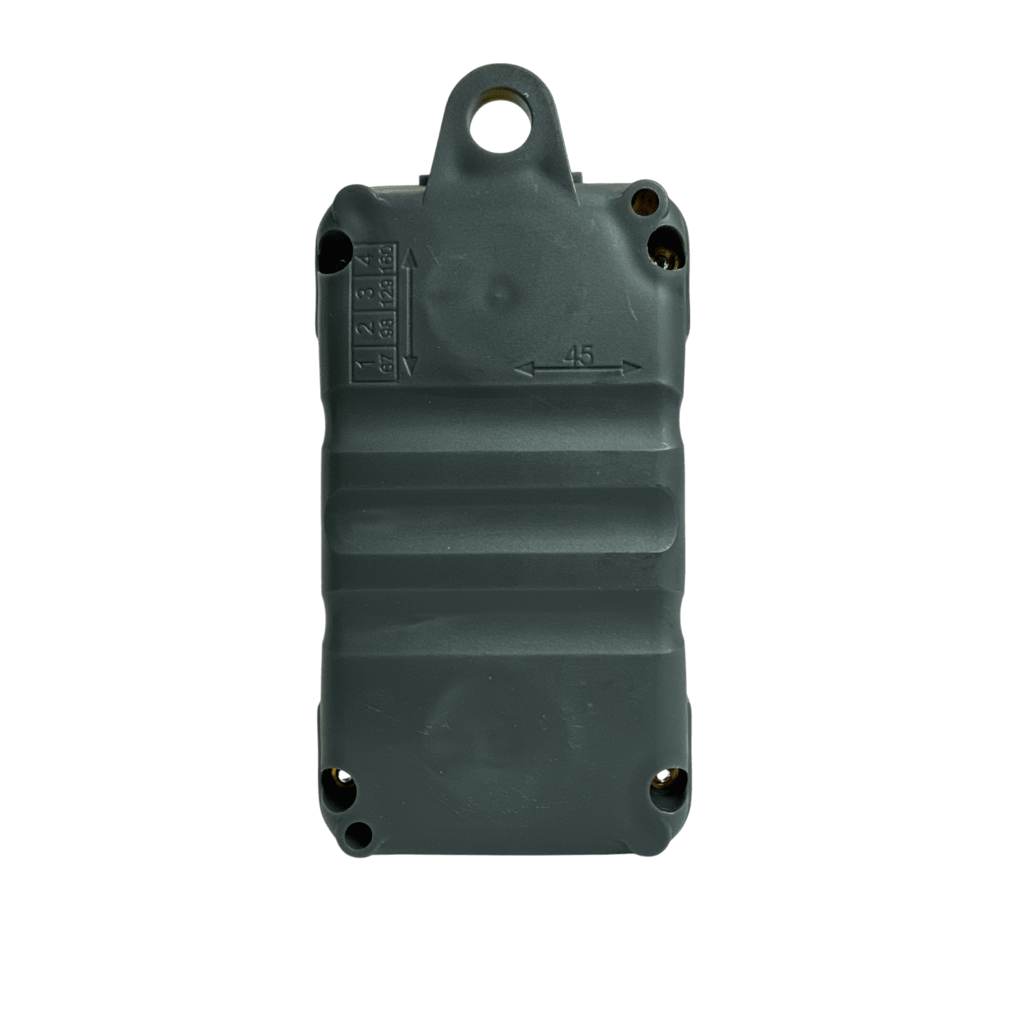 The PIERCE Universal Momentary Pendant Control - 2 Button is a dark gray device with a rounded top and screws, featuring numbers and an arrow on its surface, perfect for advanced industrial applications.