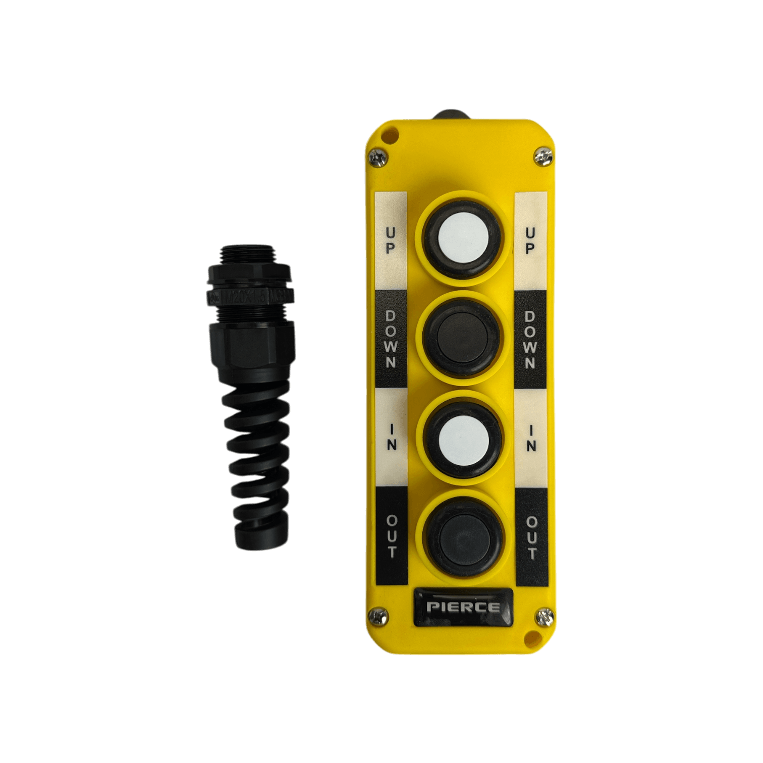 The PIERCE Universal Momentary Pendant Control - 4 Button features a yellow control panel with four buttons marked UP, DOWN, IN, and OUT, alongside a black connector on the left.