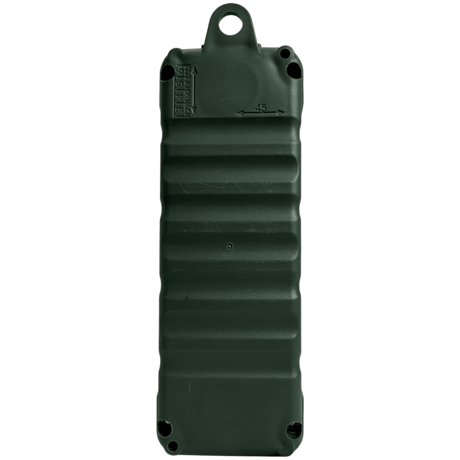 PIERCE's Universal Momentary Pendant Control - 4 Button, a dark green rectangular plastic device featuring grooves and screw holes, highlights a water-resistant design against a black background.