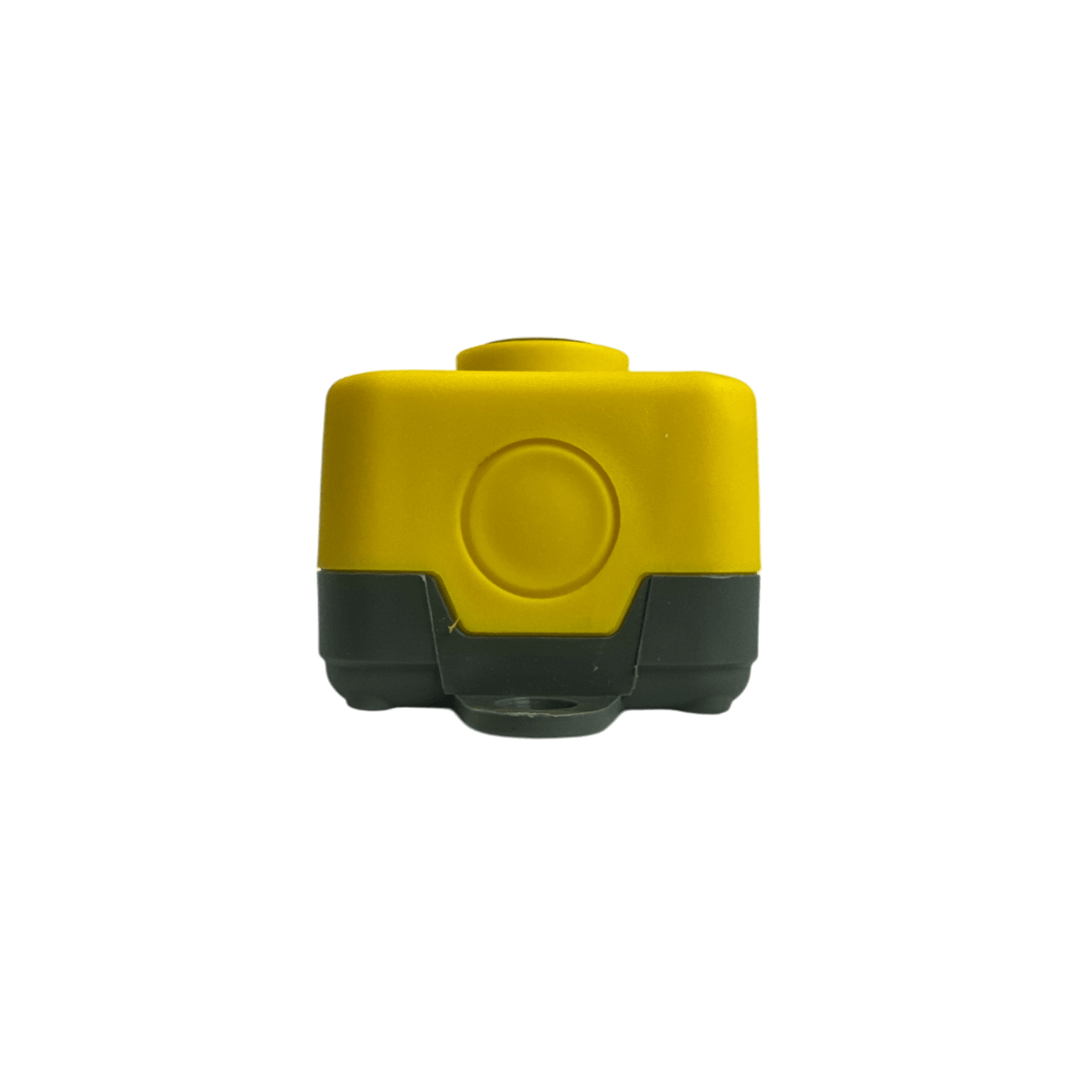 A compact Universal Momentary Pendant Control - 4 Button by PIERCE, featuring a yellow and gray design with a button and cylindrical base, water-resistant capabilities, isolated on a black background.