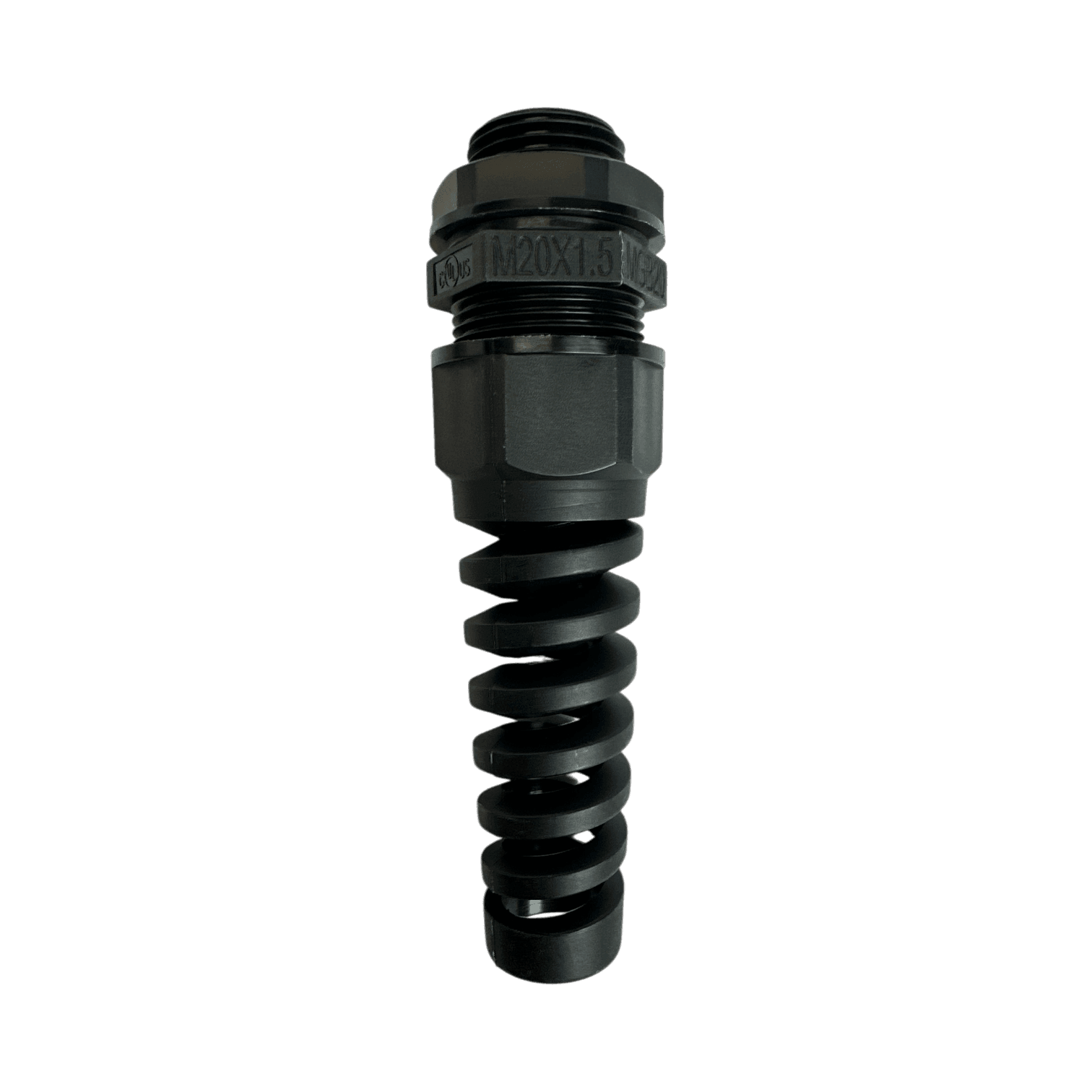 Close-up of the PIERCE Universal Momentary Pendant Control - 2 Button, featuring a black metallic spiral component with threaded ends, set against a dark background, designed for industrial applications.