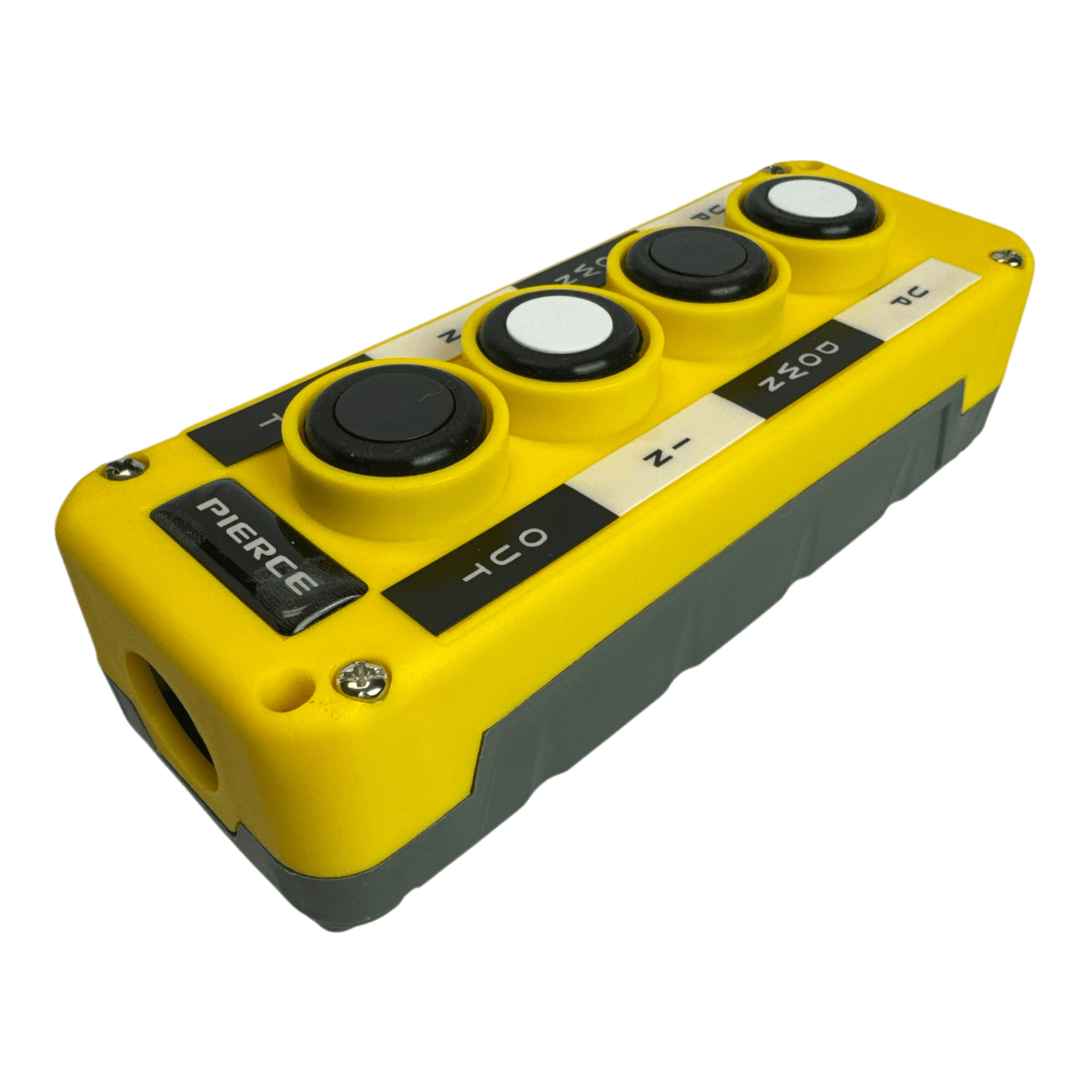 Introducing the PIERCE Universal Momentary Pendant Control - 4 Button, featuring a yellow and gray control panel with four buttons labeled with symbols and text. Its water-resistant design guarantees durability in various settings.
