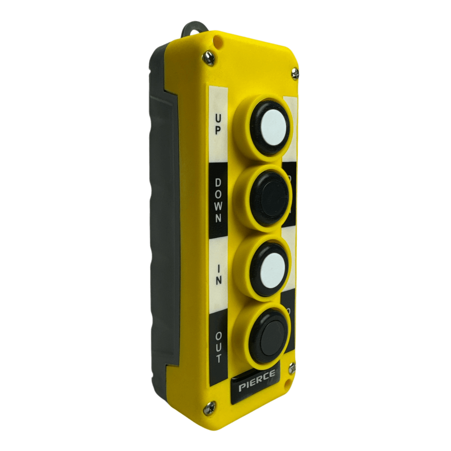 The PIERCE Universal Momentary Pendant Control - 4 Button features a yellow control panel with buttons labeled Up, Down, In, and Out. It is designed to be water-resistant for enhanced durability in various environments.