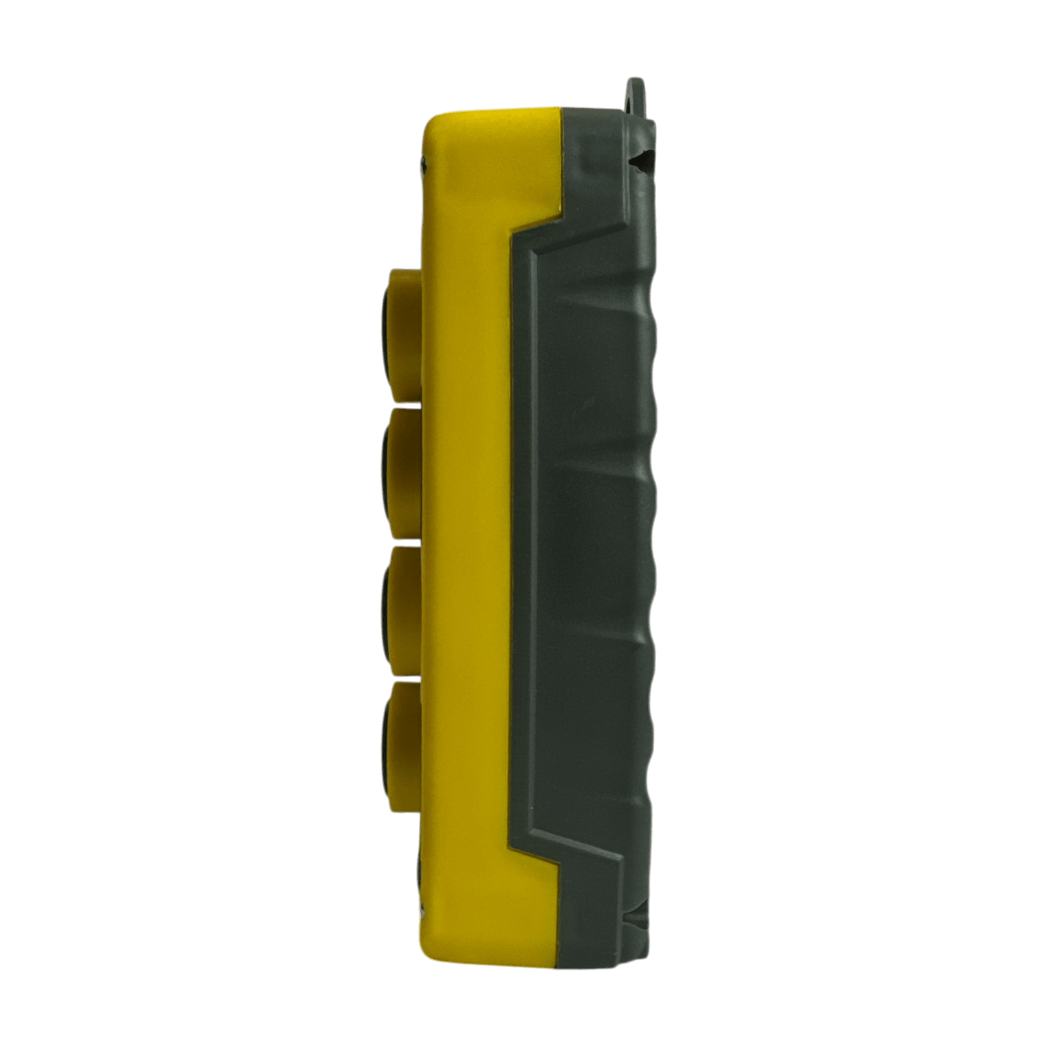 Side view of the PIERCE Universal Momentary Pendant Control, a rugged handheld wireless remote in yellow and gray with four yellow buttons, boasting a water-resistant design.