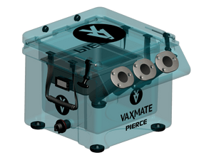 The VaxMate Vaccine Cooler by PIERCE is a transparent box ideal for transporting livestock vaccines, featuring multiple ports and a convenient handle.