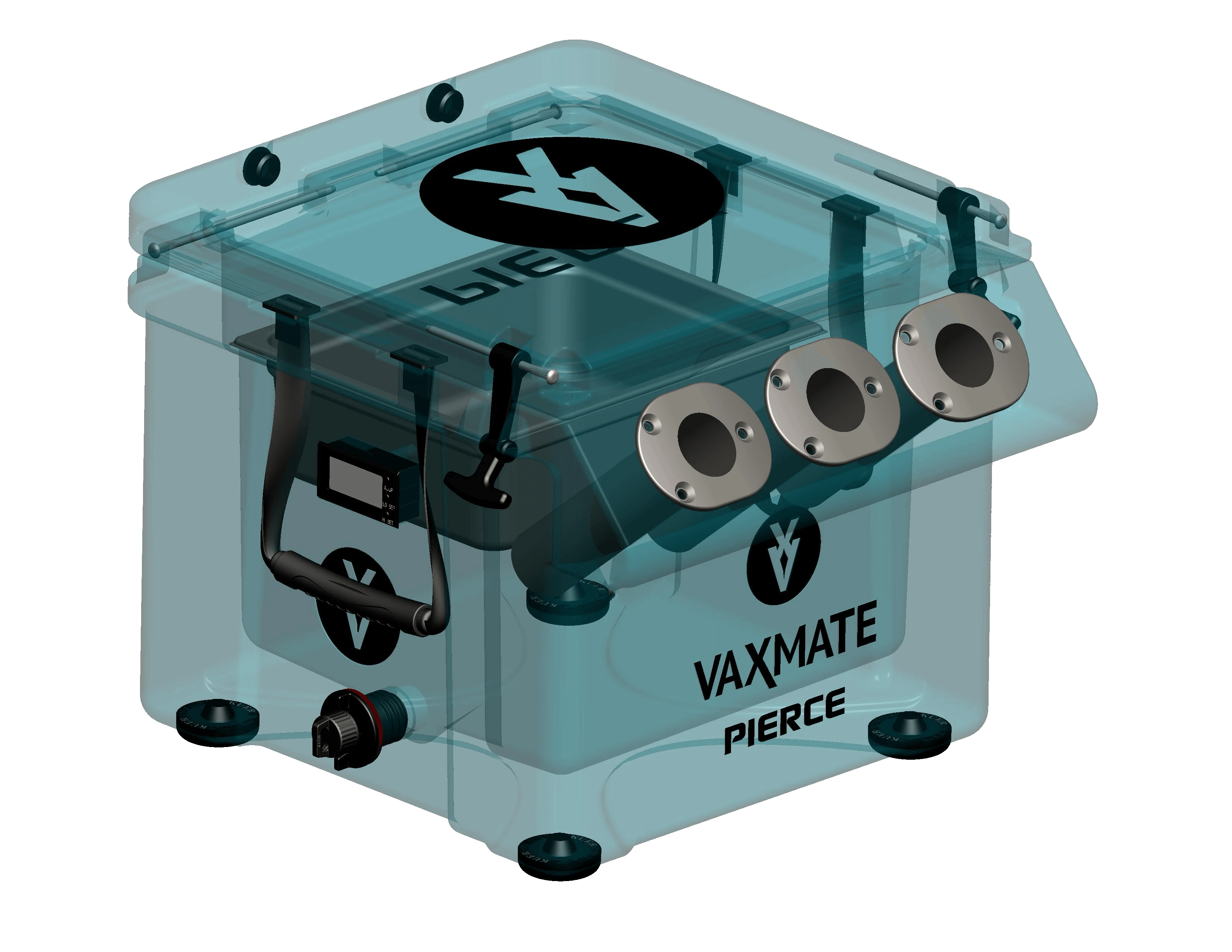 The VaxMate Vaccine Cooler by PIERCE is a transparent box ideal for transporting livestock vaccines, featuring multiple ports and a convenient handle.