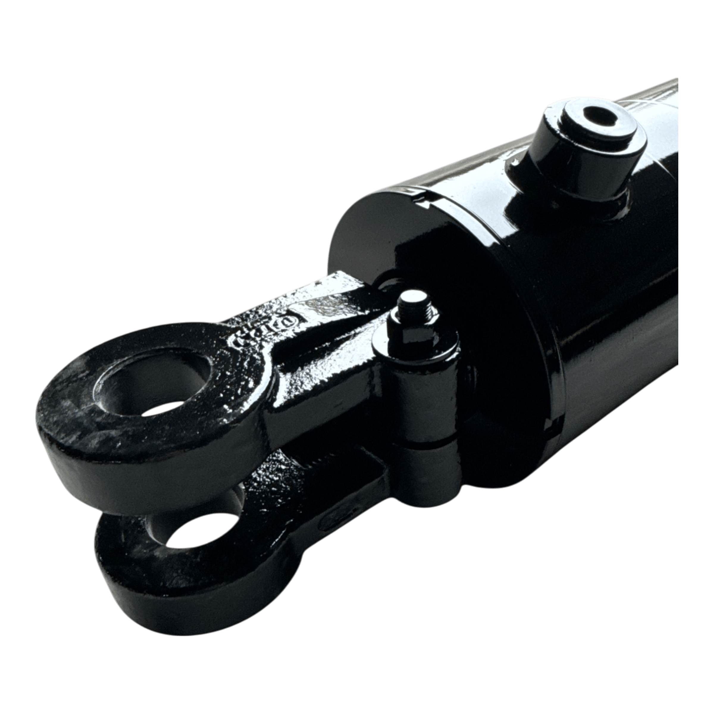 Close-up of a PIERCE black hydraulic cylinder, featuring a clevis mount, on a black background. The product is a welded cylinder with a 4-inch bore diameter and a 14-inch stroke.