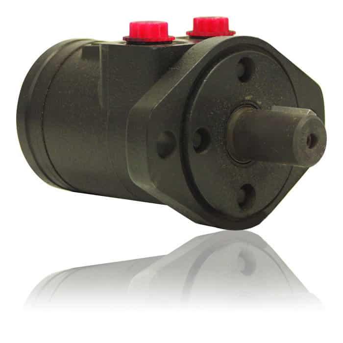 The PIERCE Hydraulic Motor, 2.8 cubic inches, with a design inspired by Char-Lynn, includes two red connectors and a reflective base, making it perfect for seamless integration with Hydraulic Worm Gear Winches.