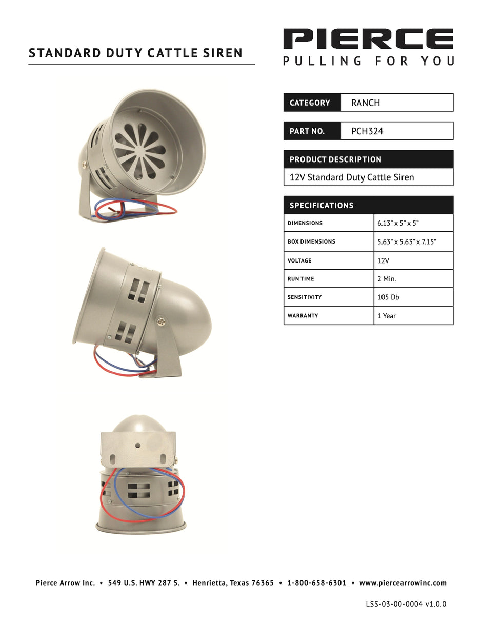 Standard Duty Cattle Siren Spec Sheet