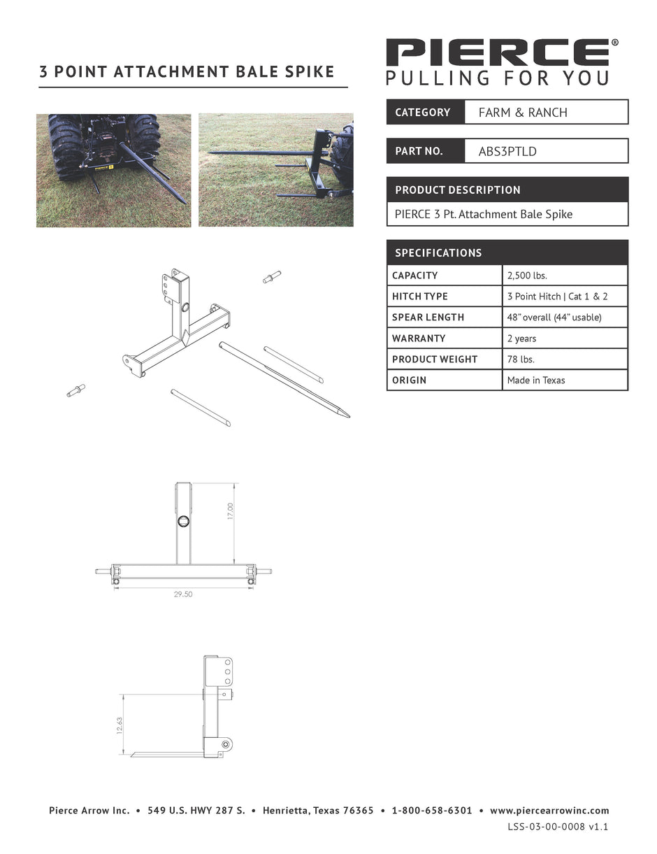 Tractor 3 Point Bale Spike Spec Sheet