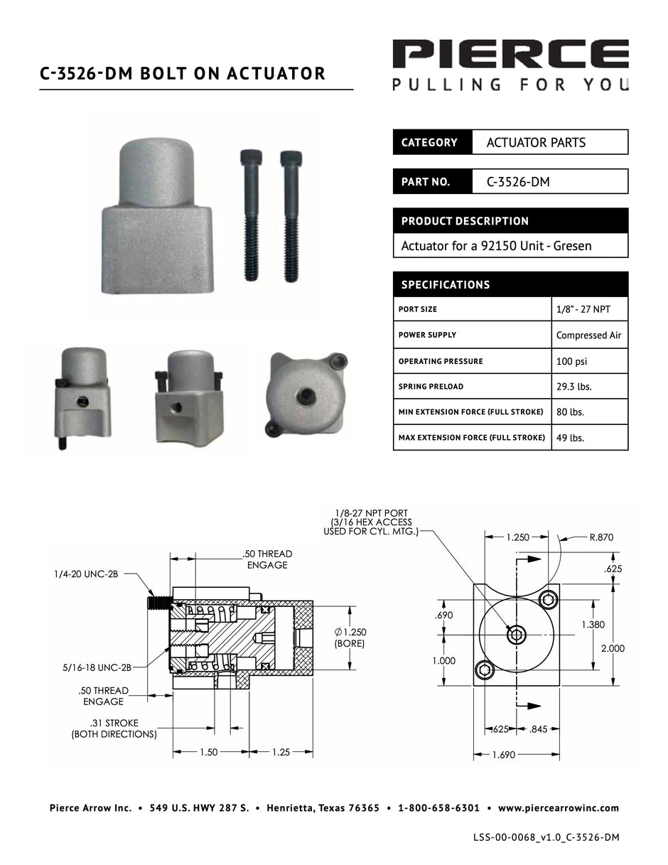 C-3526-DM Bolt On Actuator Spec Sheet