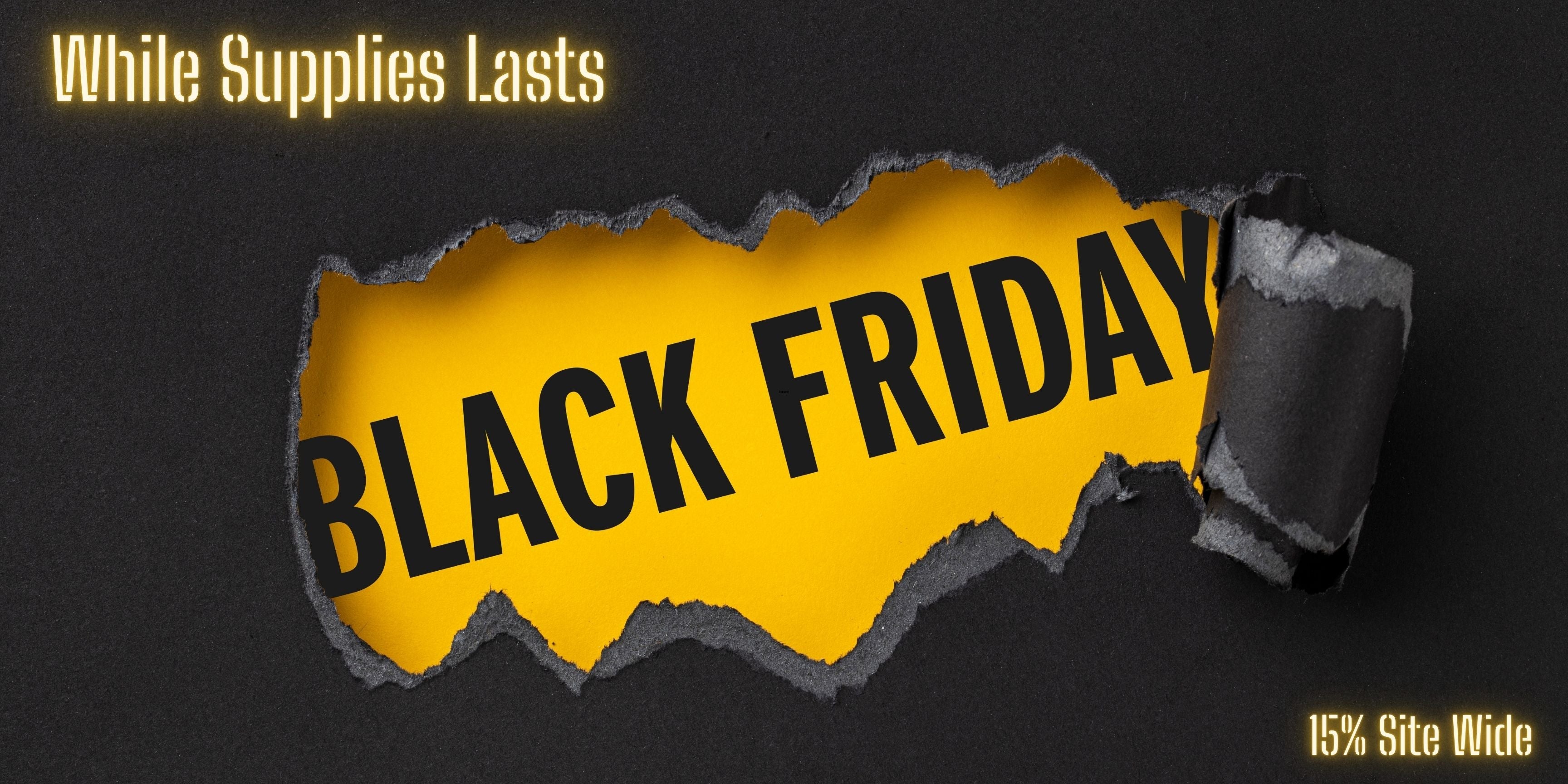 Black Friday text on yellow background revealed through torn black paper, with sale details in glowing text.