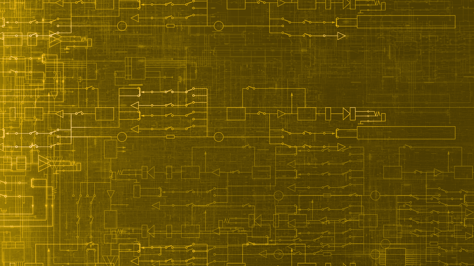 Yellow digital circuit diagram with lines, arrows, and symbols on a textured dark background.