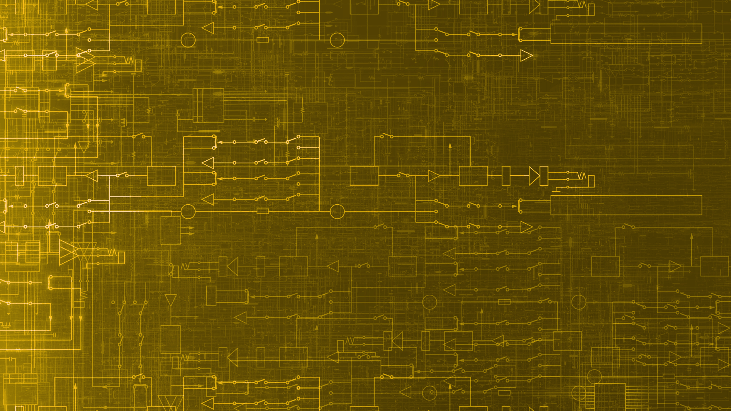 Yellow digital circuit diagram with lines, arrows, and symbols on a textured dark background.